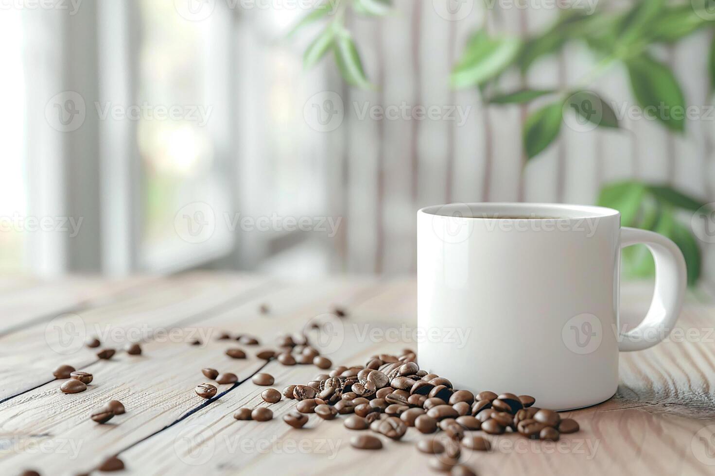 3D render of white coffee cup mockup and coffee beans on light wooden background for ads photo