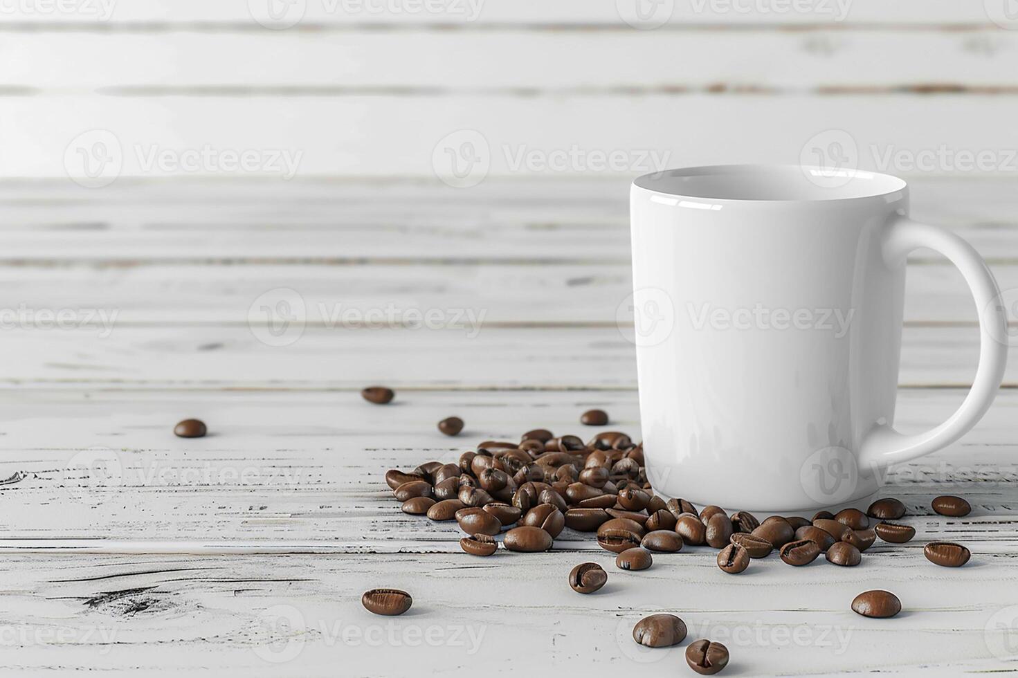 White coffee cup mockup with coffee beans on light wooden background, 3D rendered for advertising photo