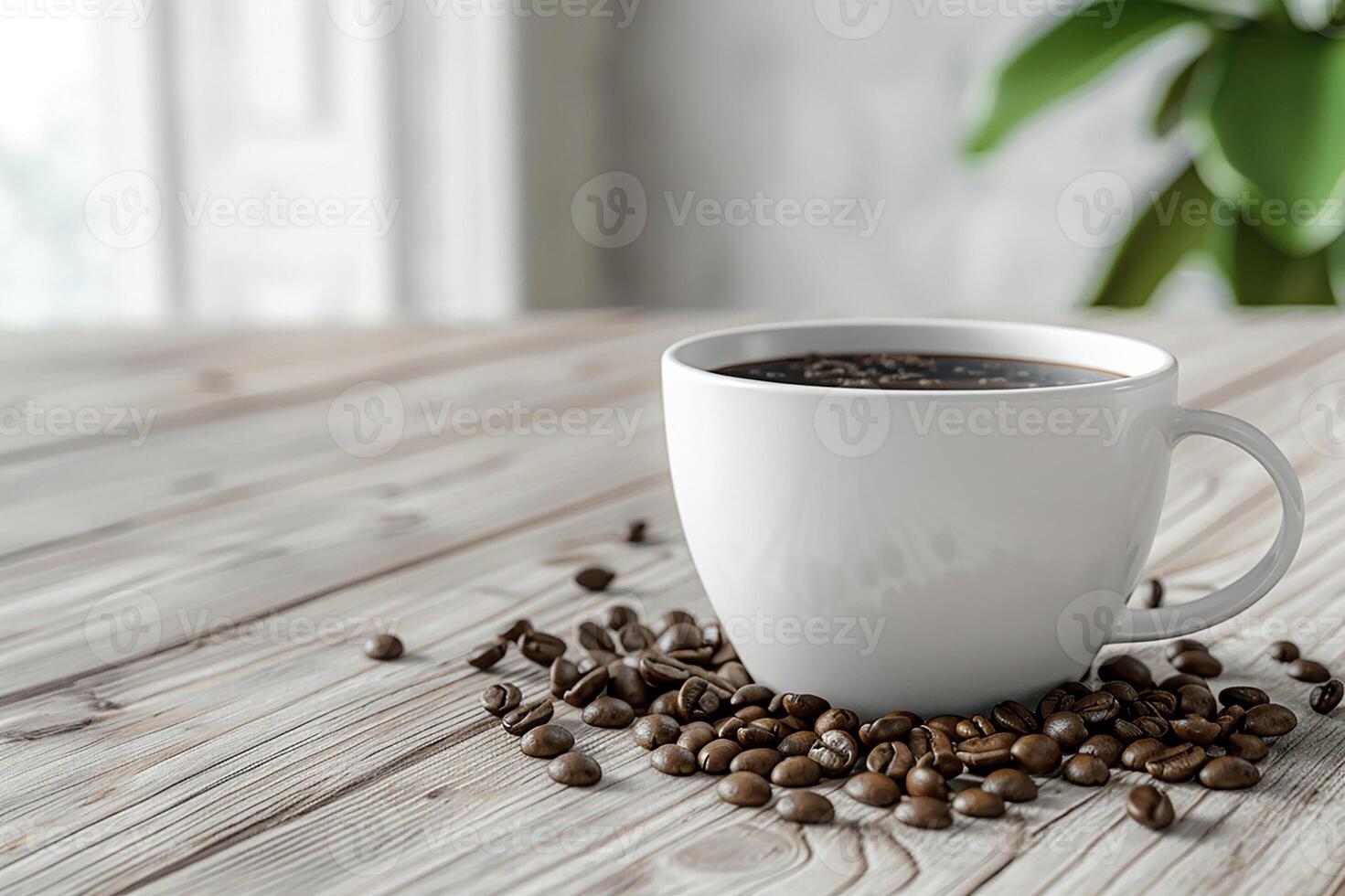 White mockup coffee cup with coffee beans on light wooden background, ad, 3D render photo