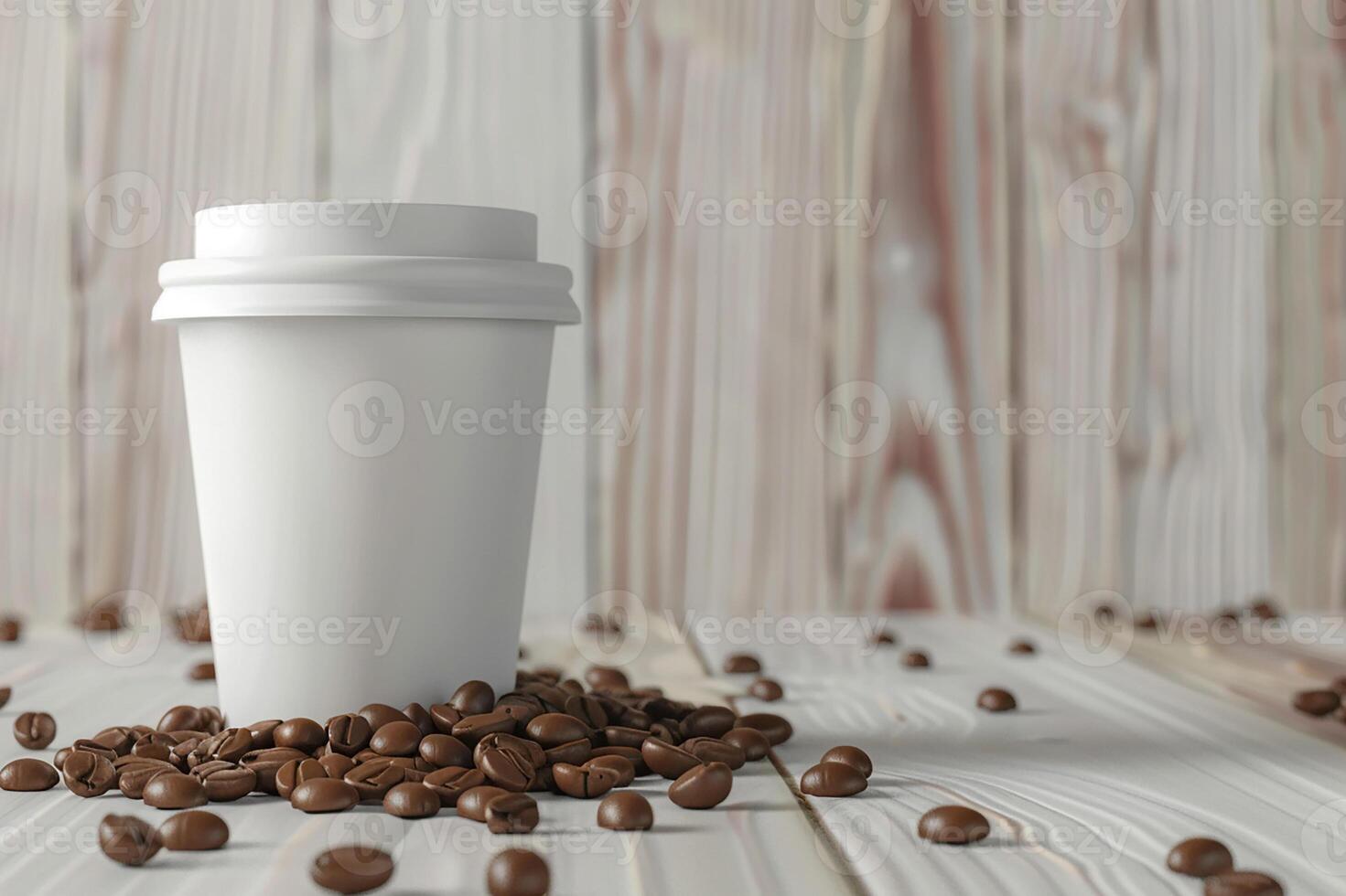 3D render of white mockup coffee cup with coffee beans on light wooden background for commercial photo