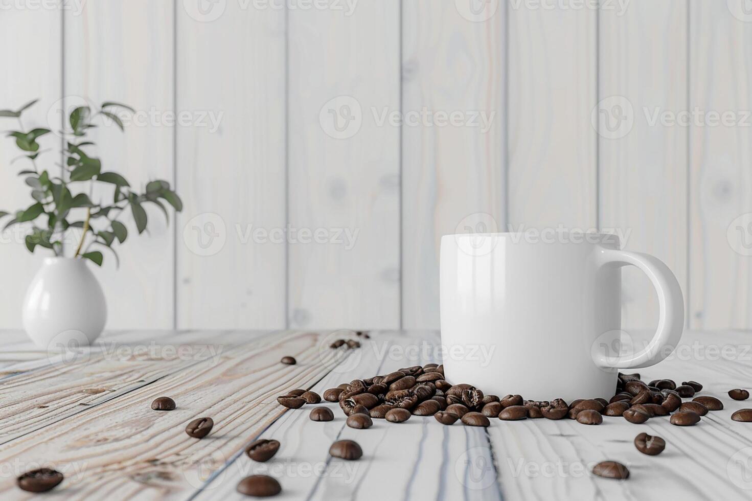 3D render of a white mockup coffee cup with coffee beans on light wooden background photo