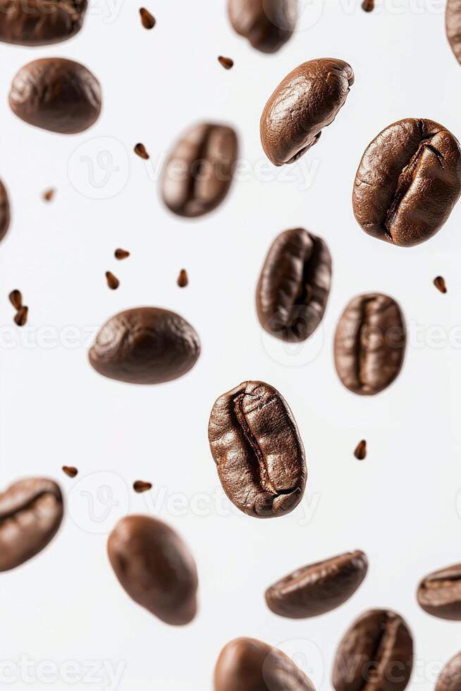 High resolution isometric coffee beans floating on white background, close up photo