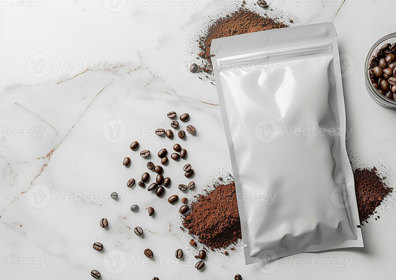 Design professional-grade coffee packaging visuals using a blank bag template suitable for whole bean and ground coffee applications. photo