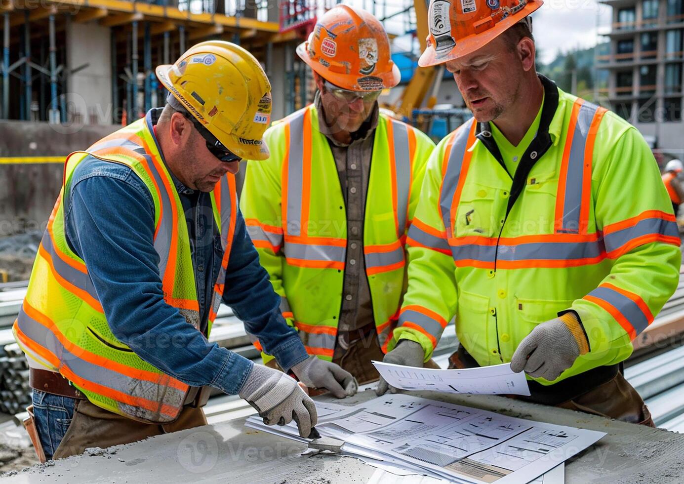 Construction workers implementing advanced civil engineering designs on an urban project photo