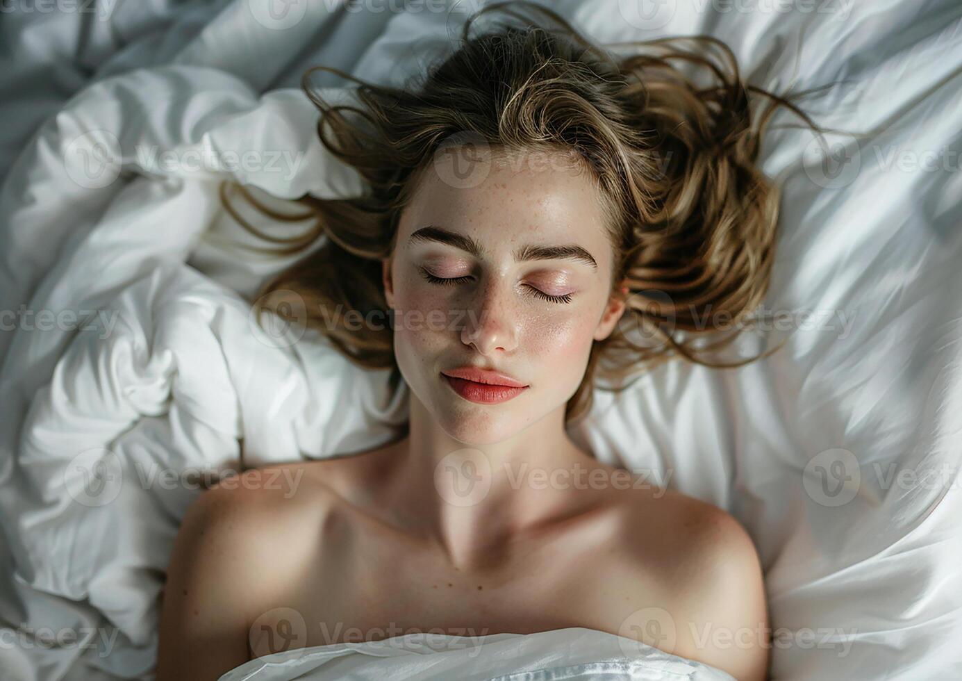 A young woman resting soundly in bed, seen from a top view photo