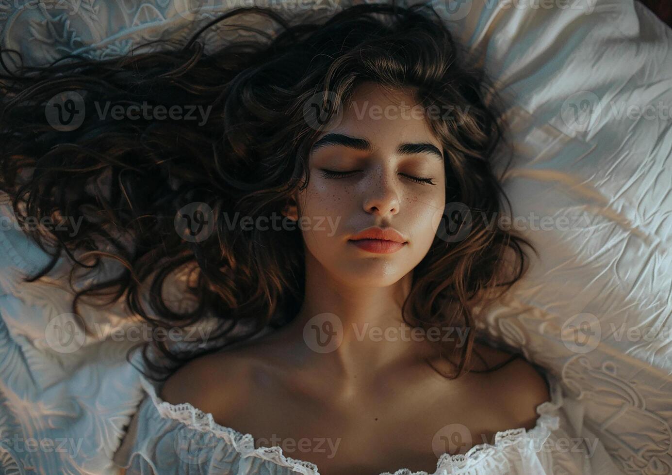 Top-down image of a young woman sleeping peacefully in her bed photo