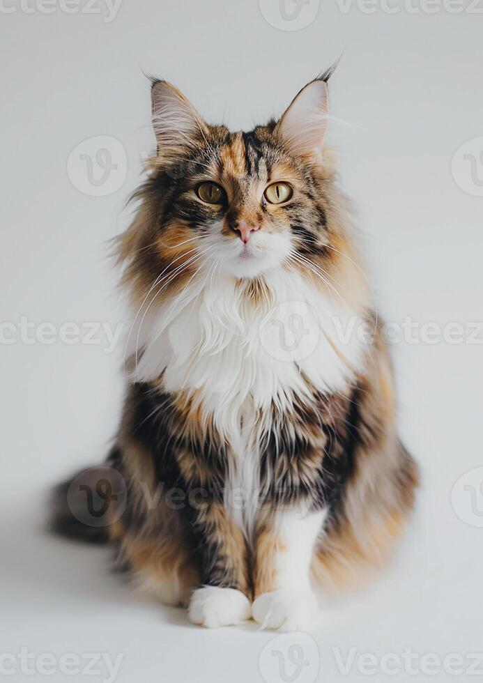 Cute purring cat looking at camera, white background, International Cat Day, fluffy fur, happy expression, photo