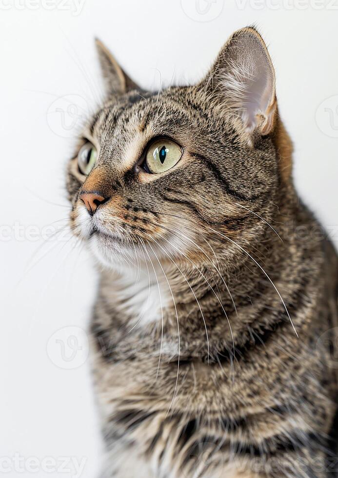Purring cat with bright eyes, white background, International Cat Day, joyful expression, photo