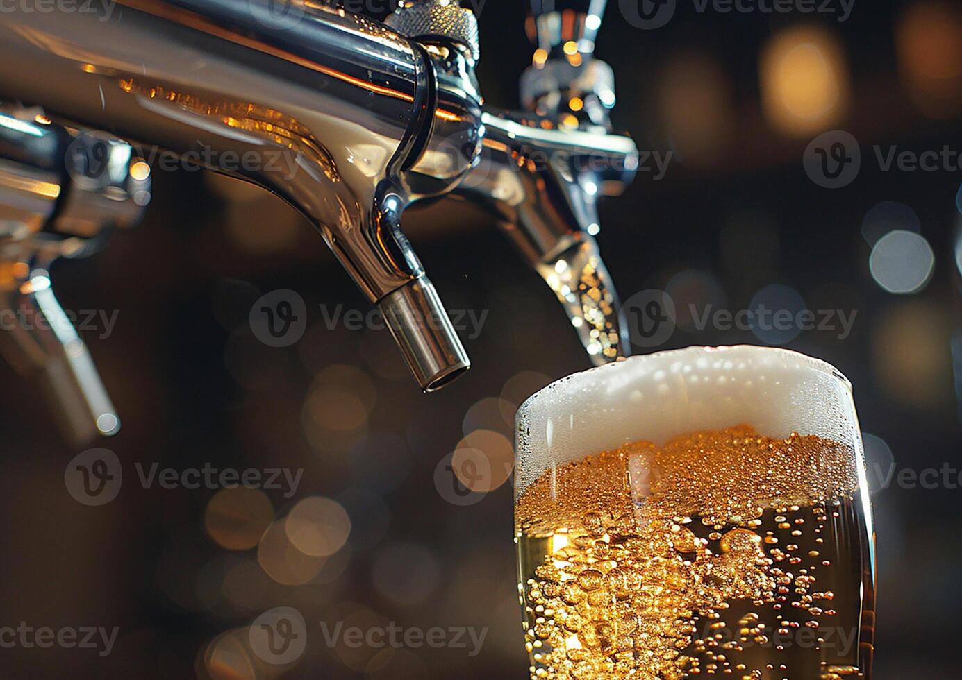 Pouring beer from tap, International Beer Day, close-up shot, golden liquid, frothy head, bar backdrop, photo