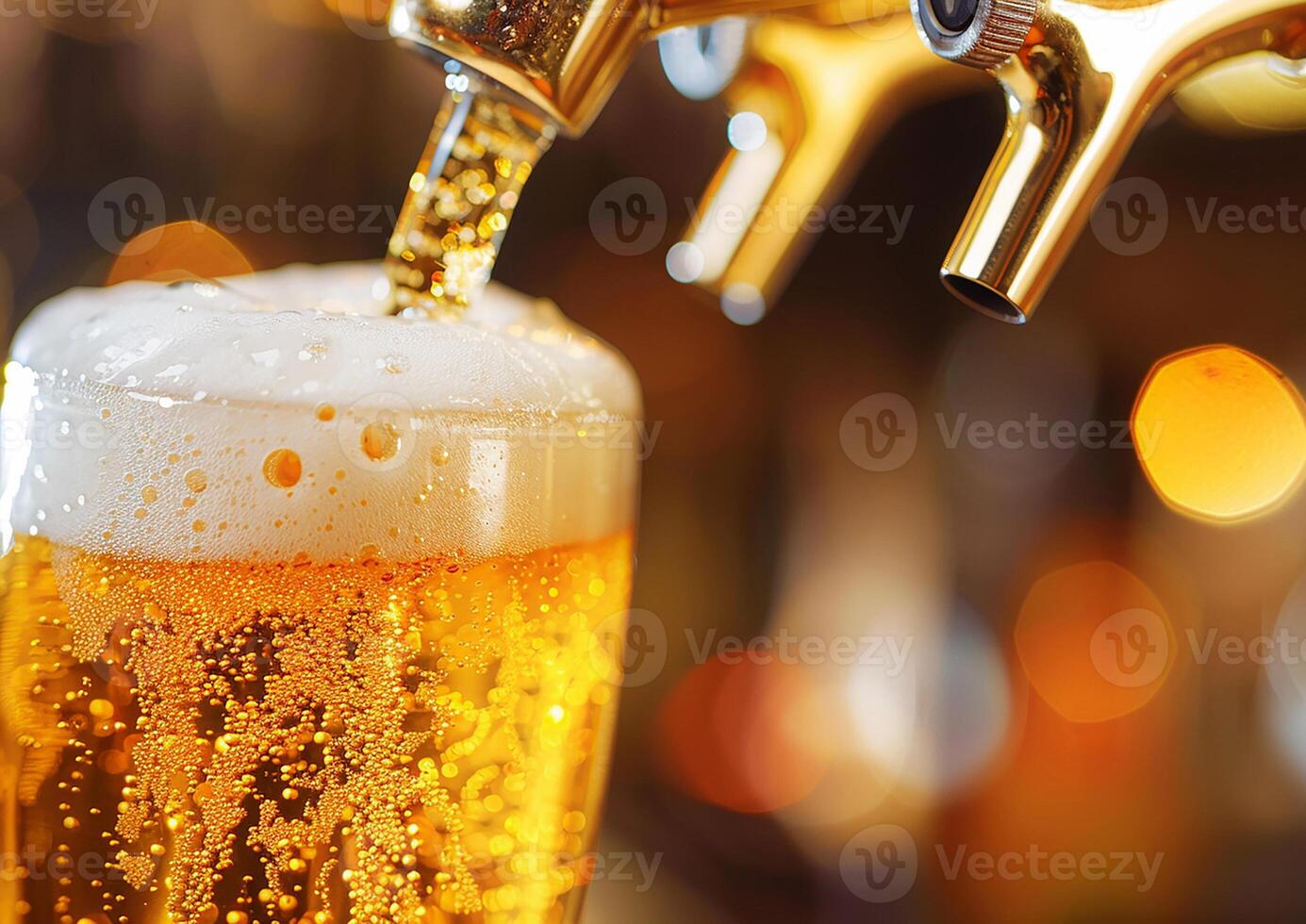 Pouring beer from tap, International Beer Day, close-up shot, golden liquid, frothy head, bar backdrop, photo