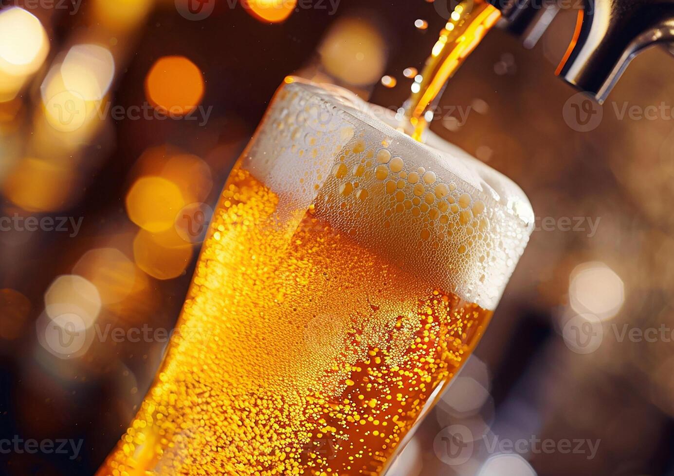Pouring beer from tap, International Beer Day, close-up shot, golden liquid, frothy head, bar backdrop, photo