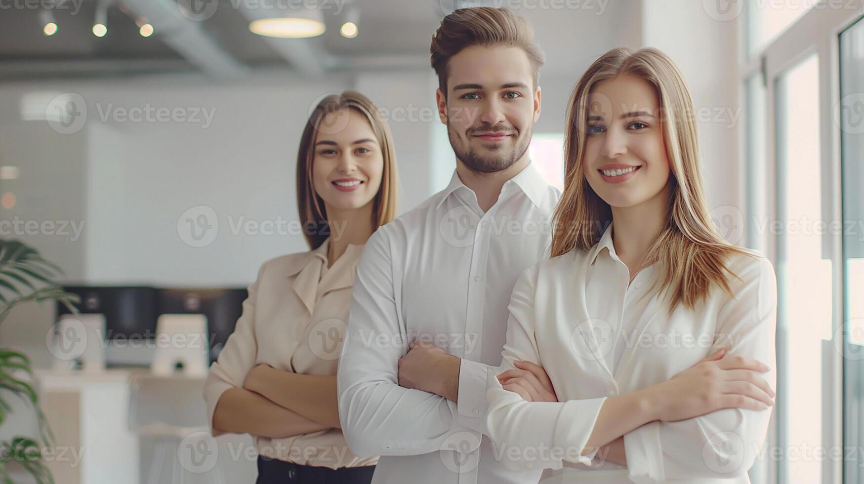 Business team standing together in their office, successful and happy, modern work environment, photo