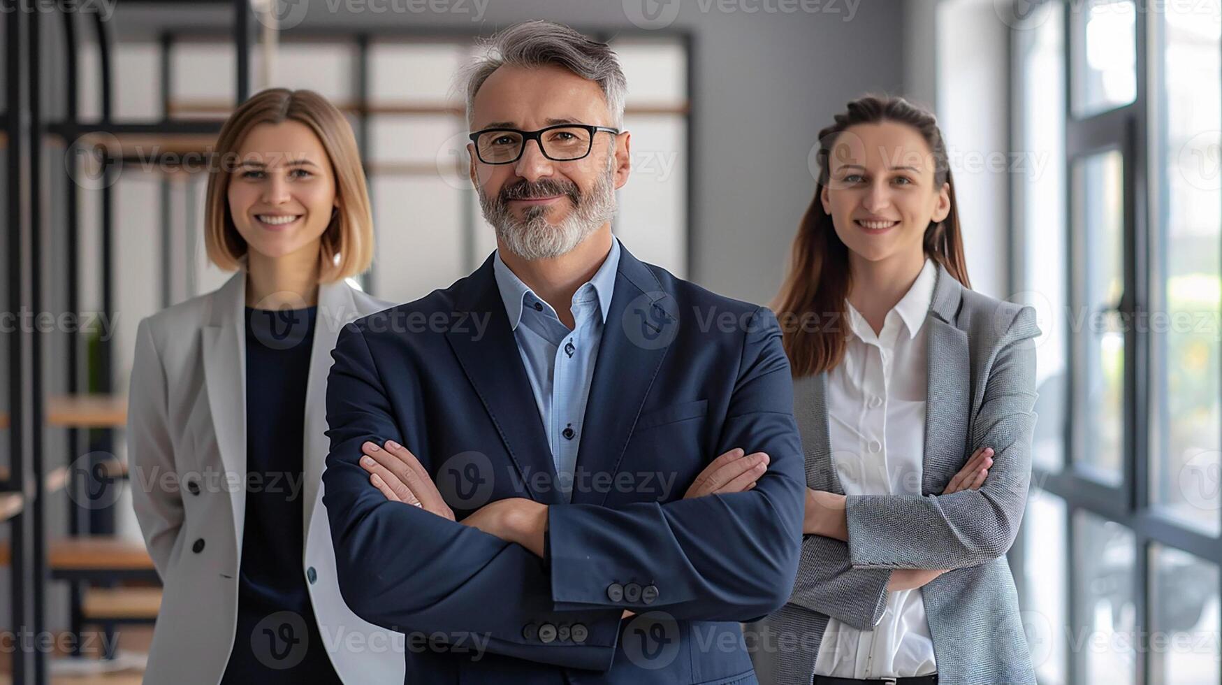 Business team in office, portrait of success, confident expressions, and professional attire, photo
