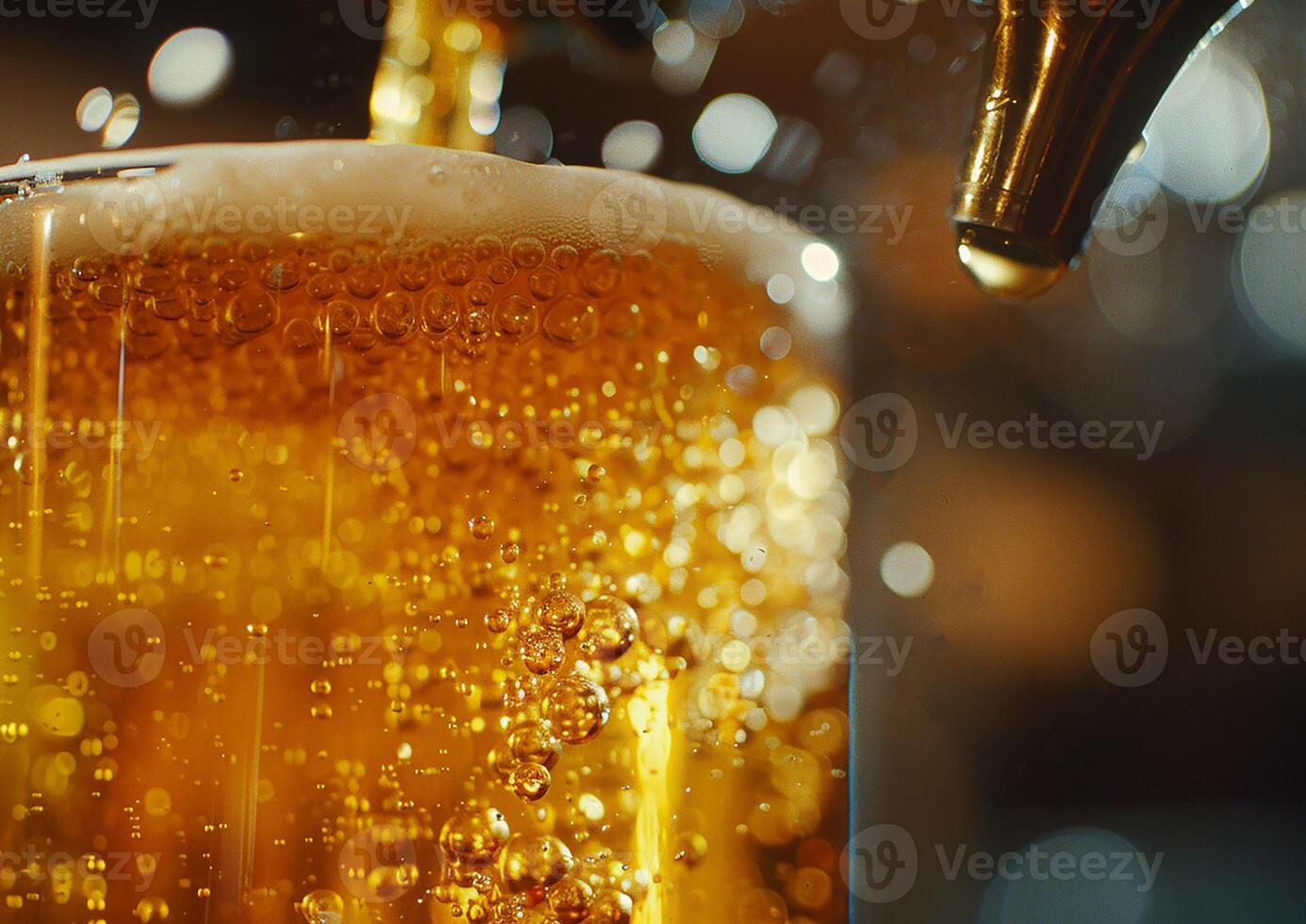 Pouring beer from tap, International Beer Day, close-up shot, golden liquid, frothy head, bar backdrop, photo