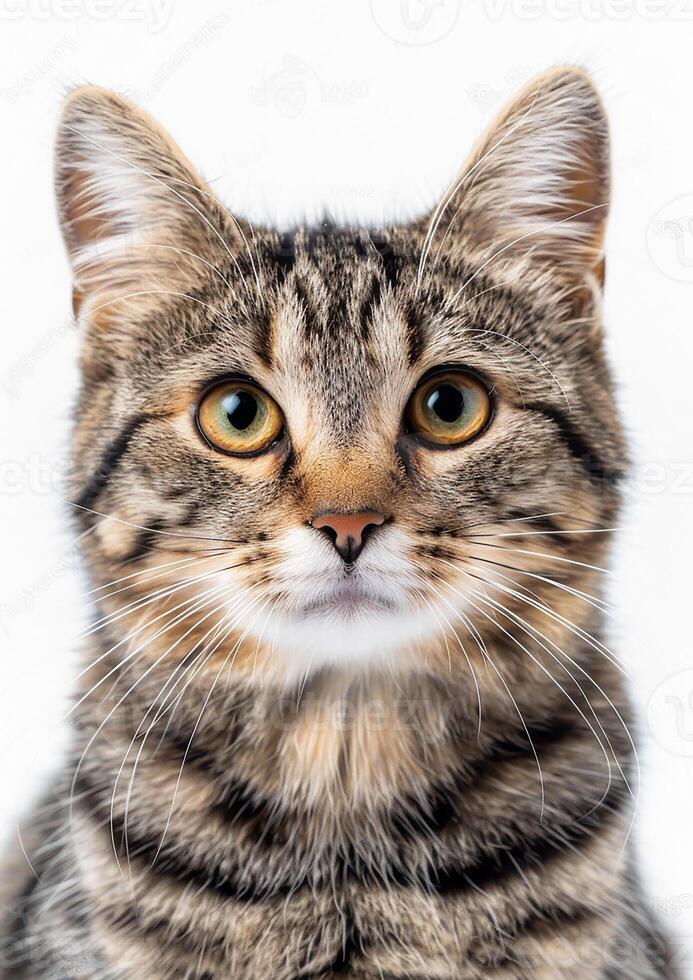 Purring cat with bright eyes, white background, International Cat Day, joyful expression, photo