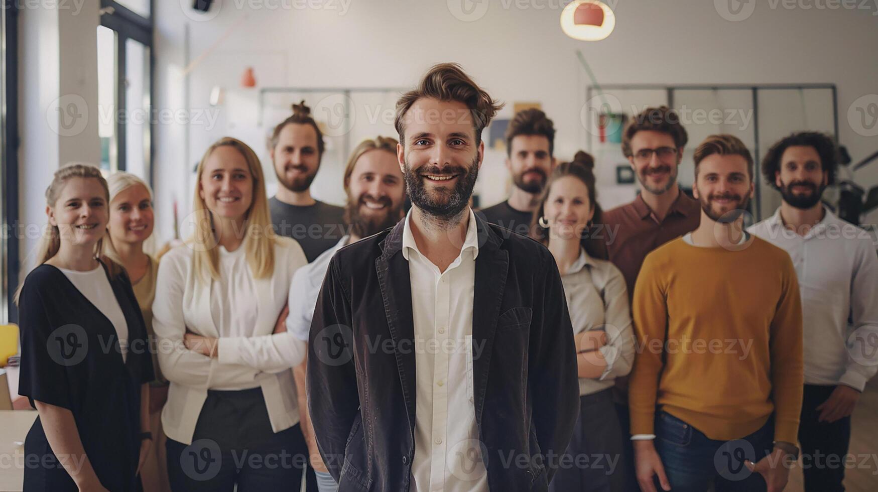 Group of professionals in a modern office, successful team portrait, displaying teamwork and success, photo