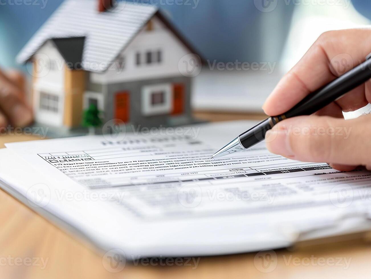 Rental contract being reviewed and signed by landlord and customer, close-up on contract details, photo