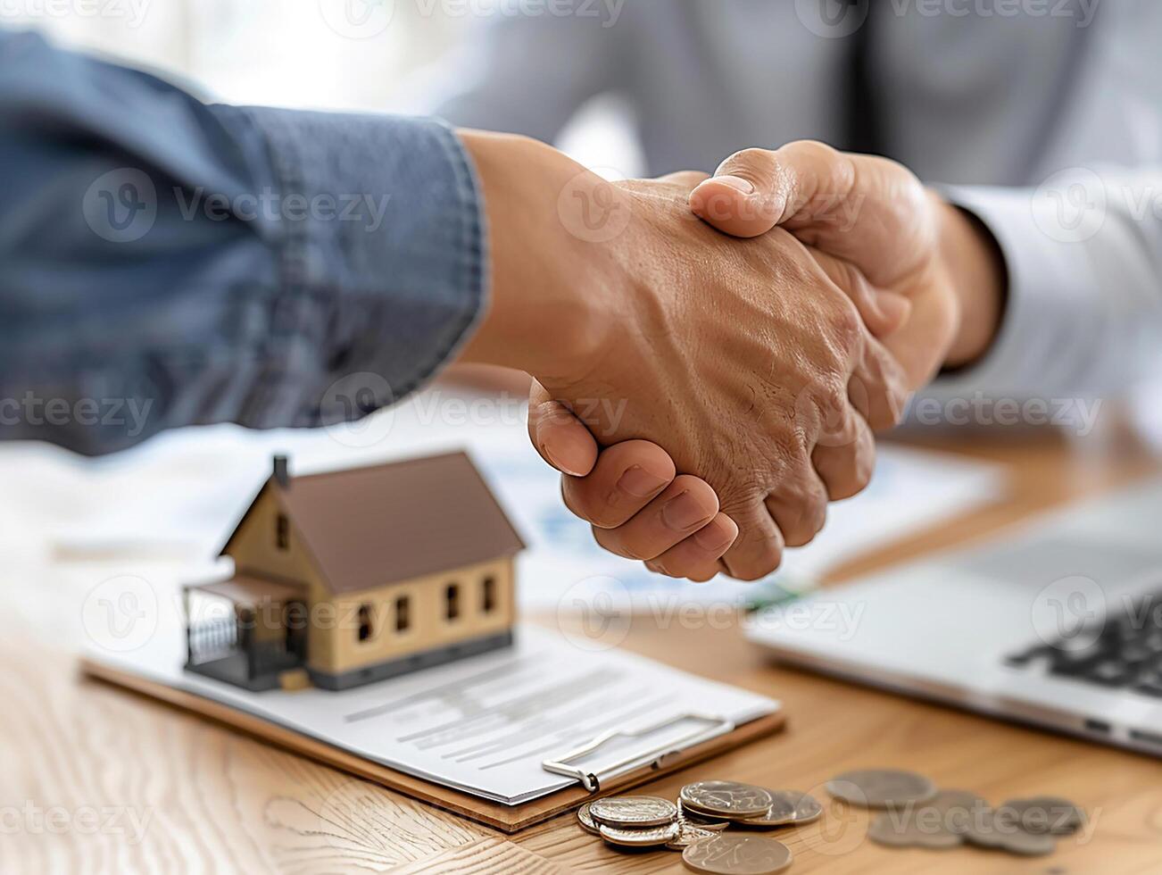 Close-up of landlord and customer finalizing rental contract, professional setting with documents, photo