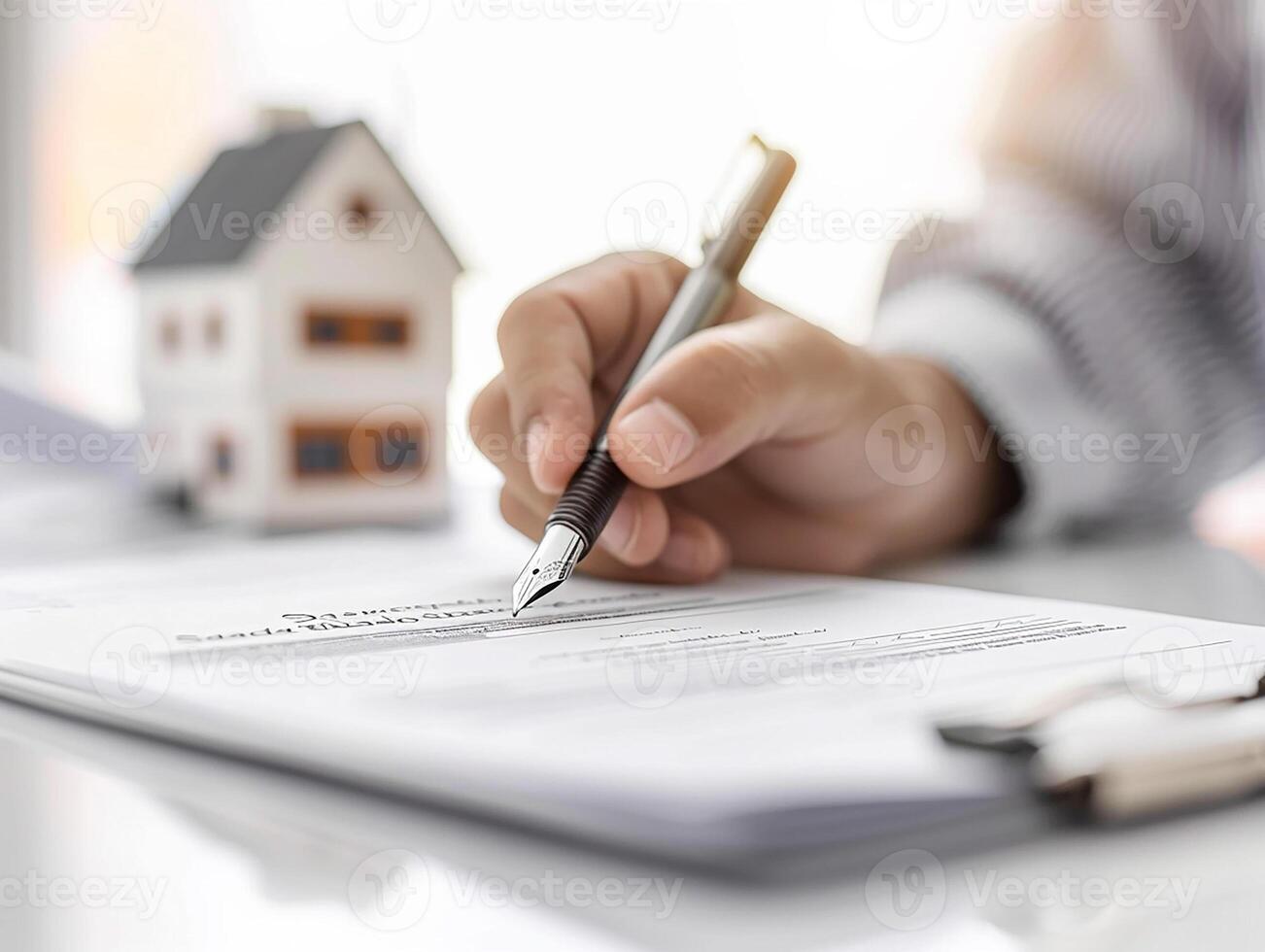 Rental agreement signing between customer and landlord, close-up of contract and pen, photo