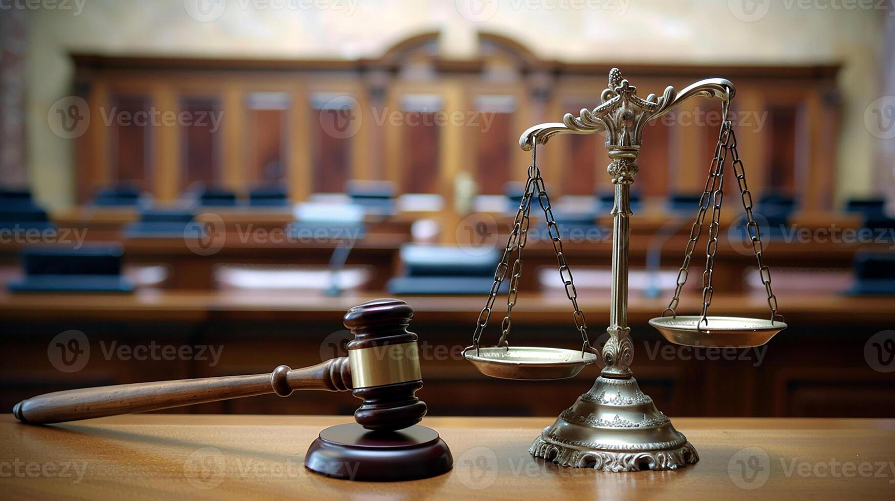 Law and justice, court of law, close-up of judge's gavel, scales in background, courtroom, photo