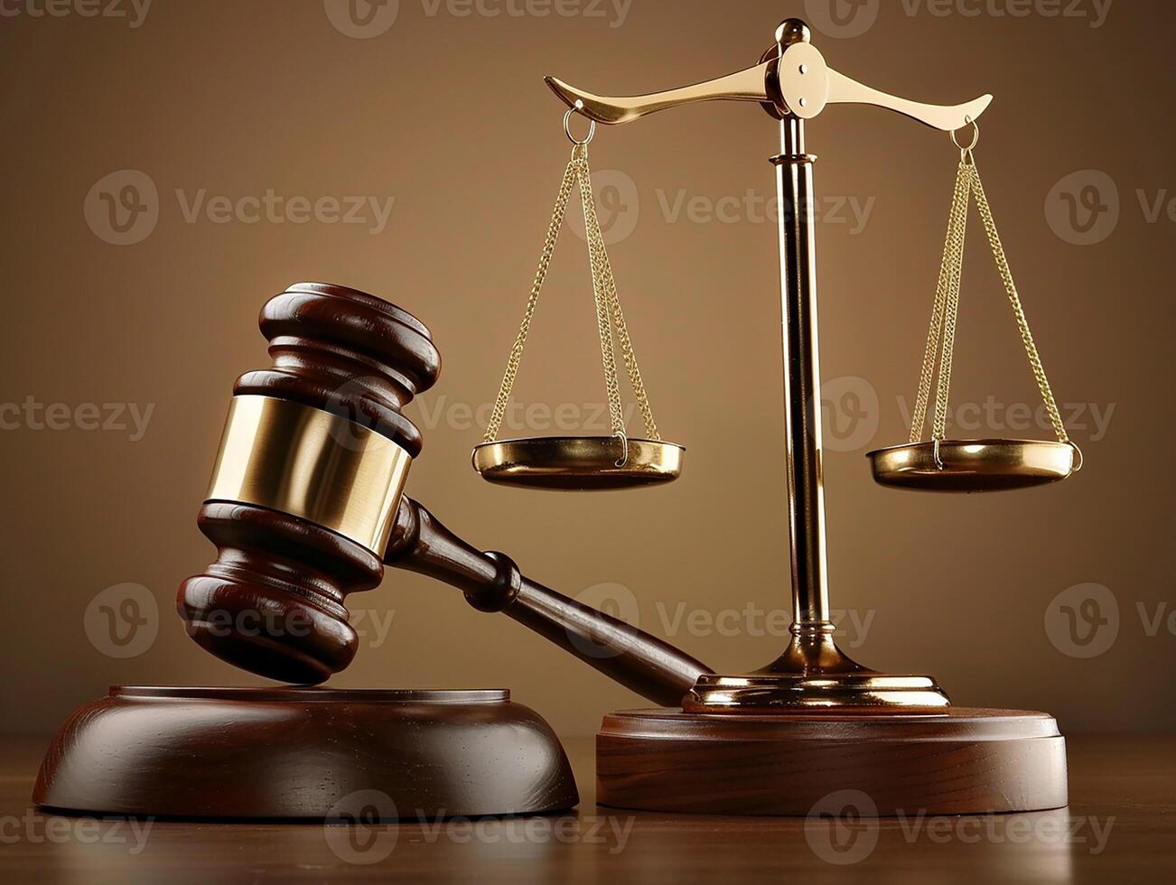 Wooden gavel and balanced scales, 3D rendering, iconic legal imagery, photo