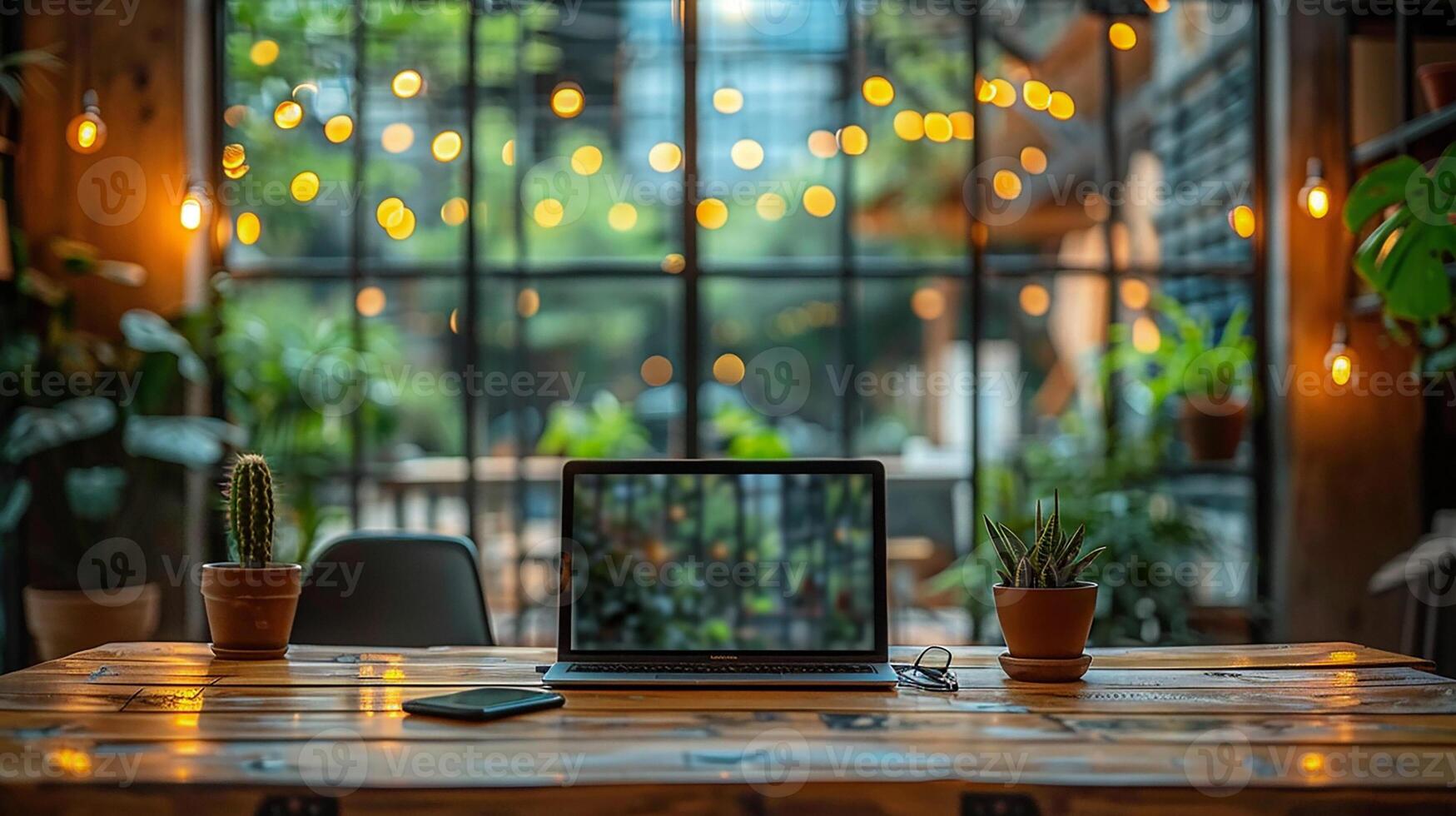 Professional working remotely from a stylish co-working space, business trip setup, photo