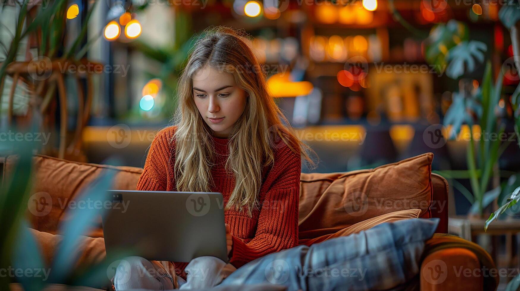 Business traveler working from a stylish co-working space, balancing work and travel, photo