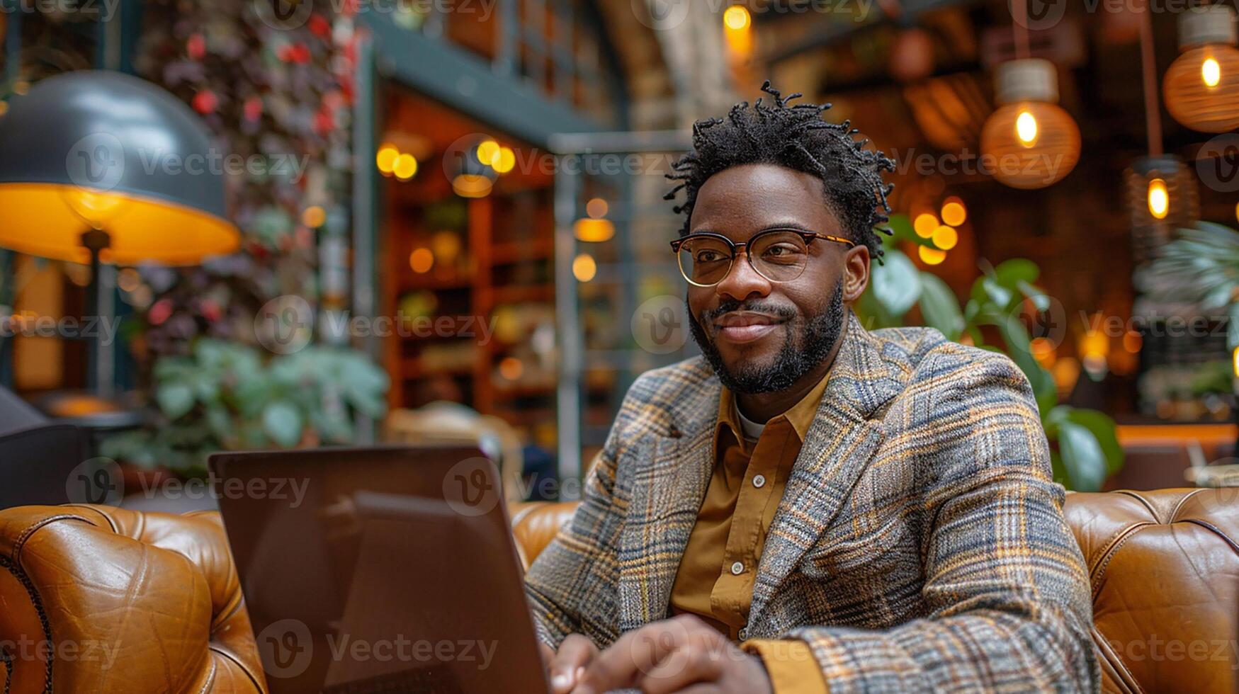 Business traveler working from a stylish co-working space, balancing work and travel, photo