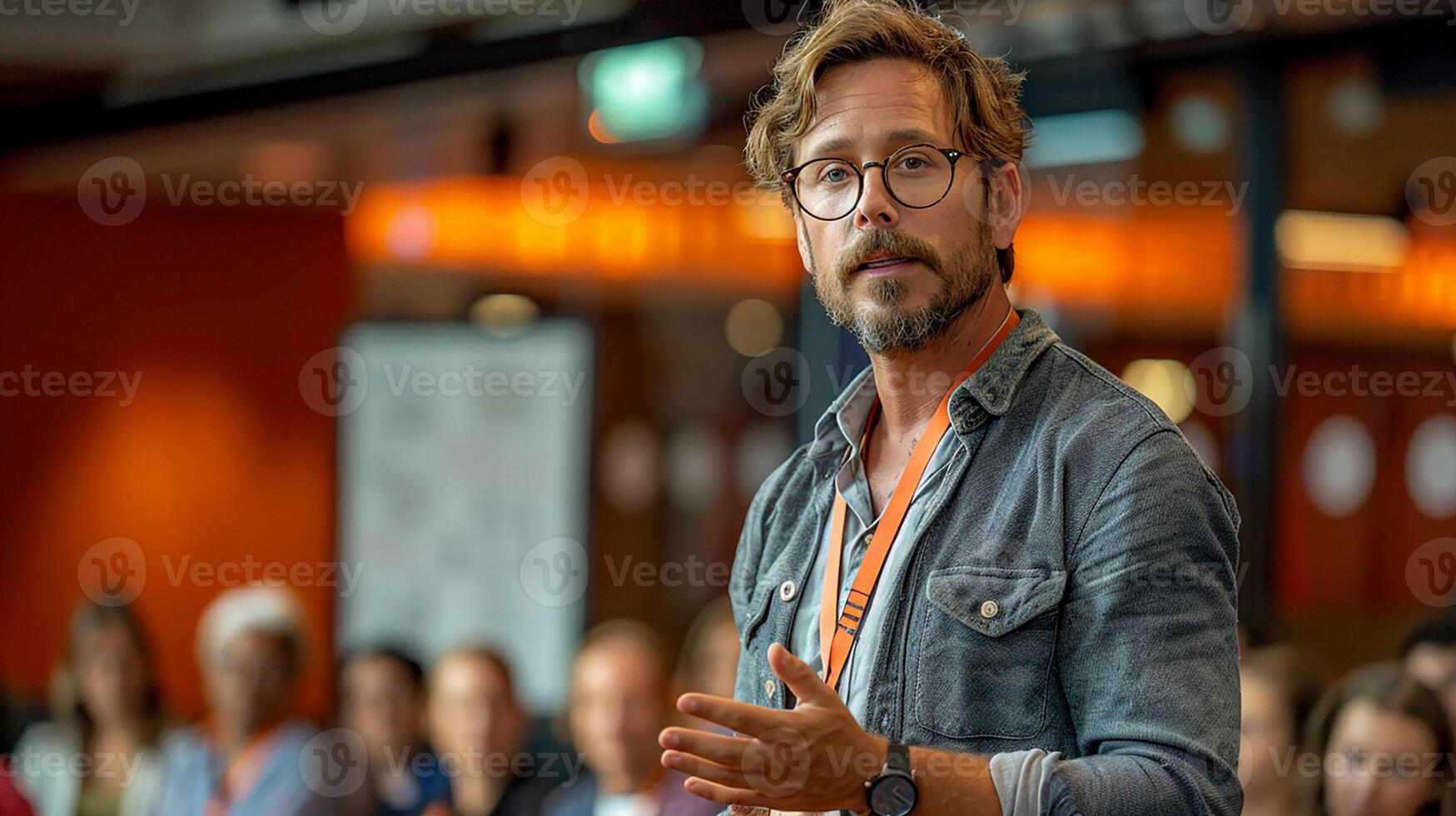 Presenter addressing a group, modern office setting, attentive audience, magazine photography style, photo