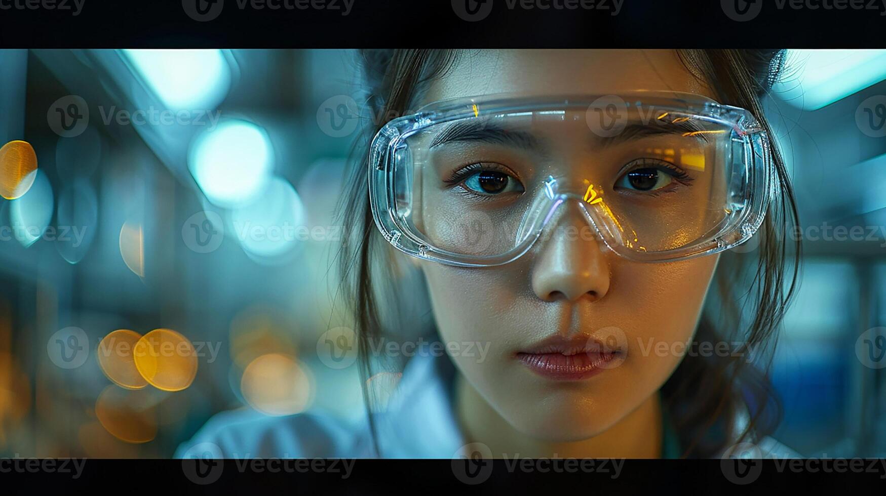Portrait of an Asian female engineer in uniform and safety goggles, controlling and monitoring screen process in factory, photo