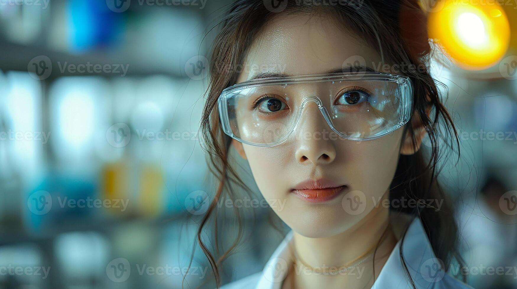 Portrait of an Asian female engineer in uniform and safety goggles, controlling and monitoring screen process in factory, photo