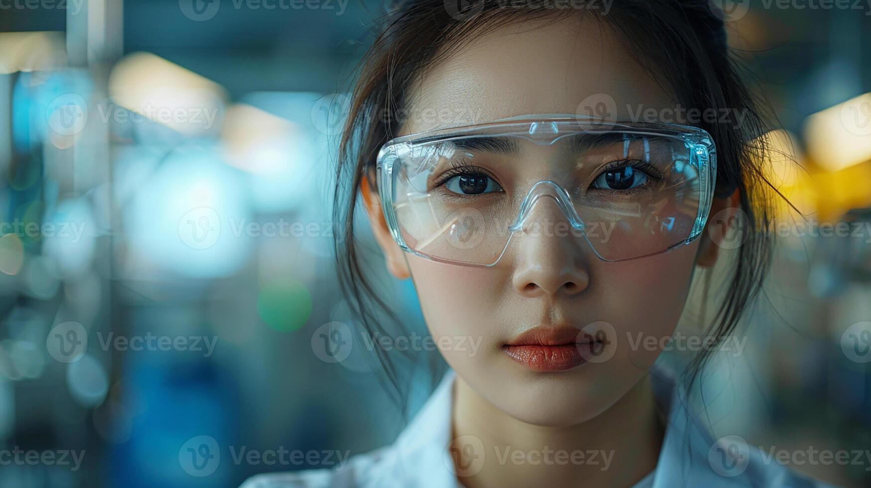 Portrait of an Asian woman engineer, safety goggles on, controlling factory processes via monitor, photo