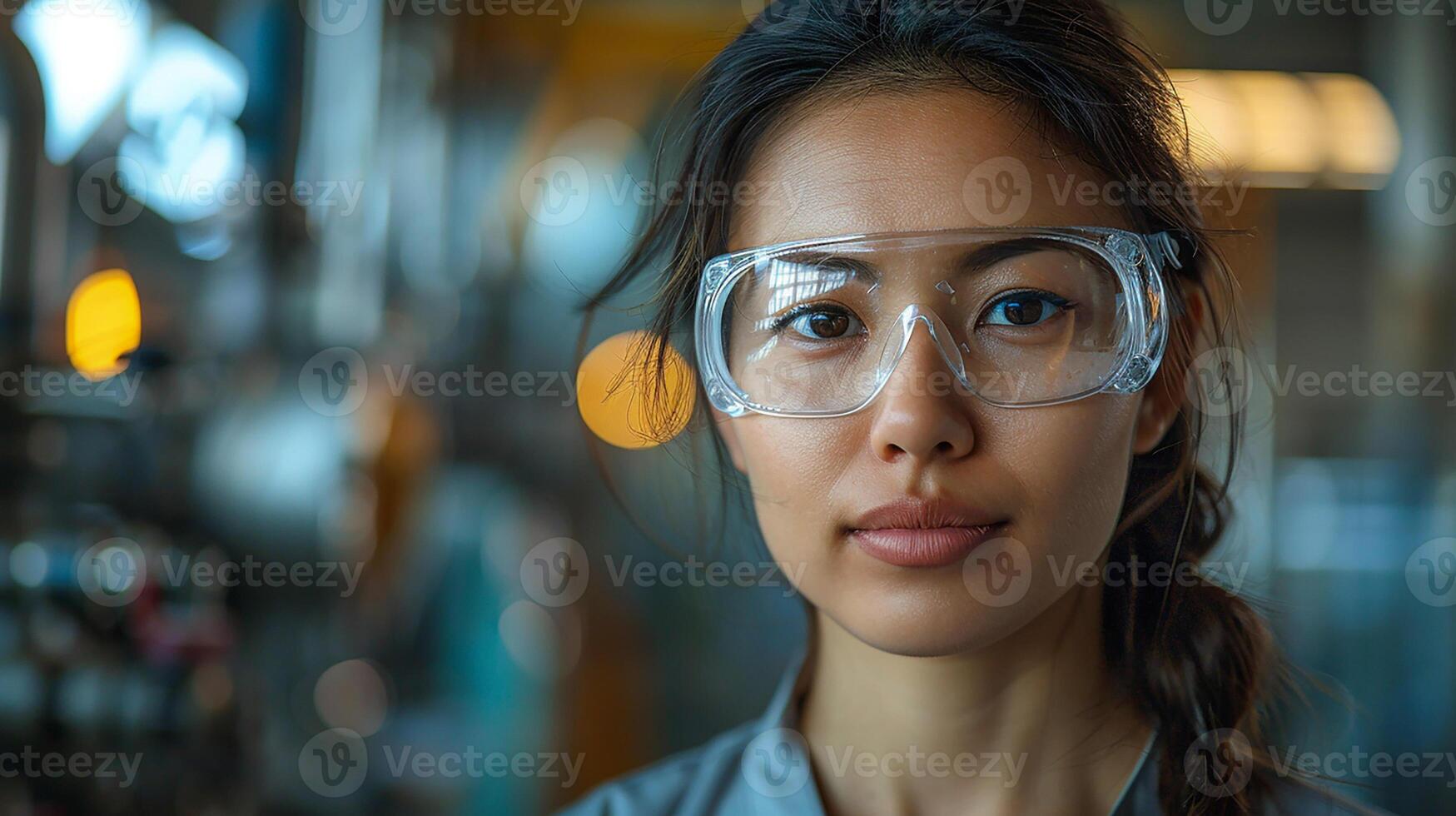 Portrait of an Asian woman engineer, safety goggles on, controlling factory processes via monitor, photo