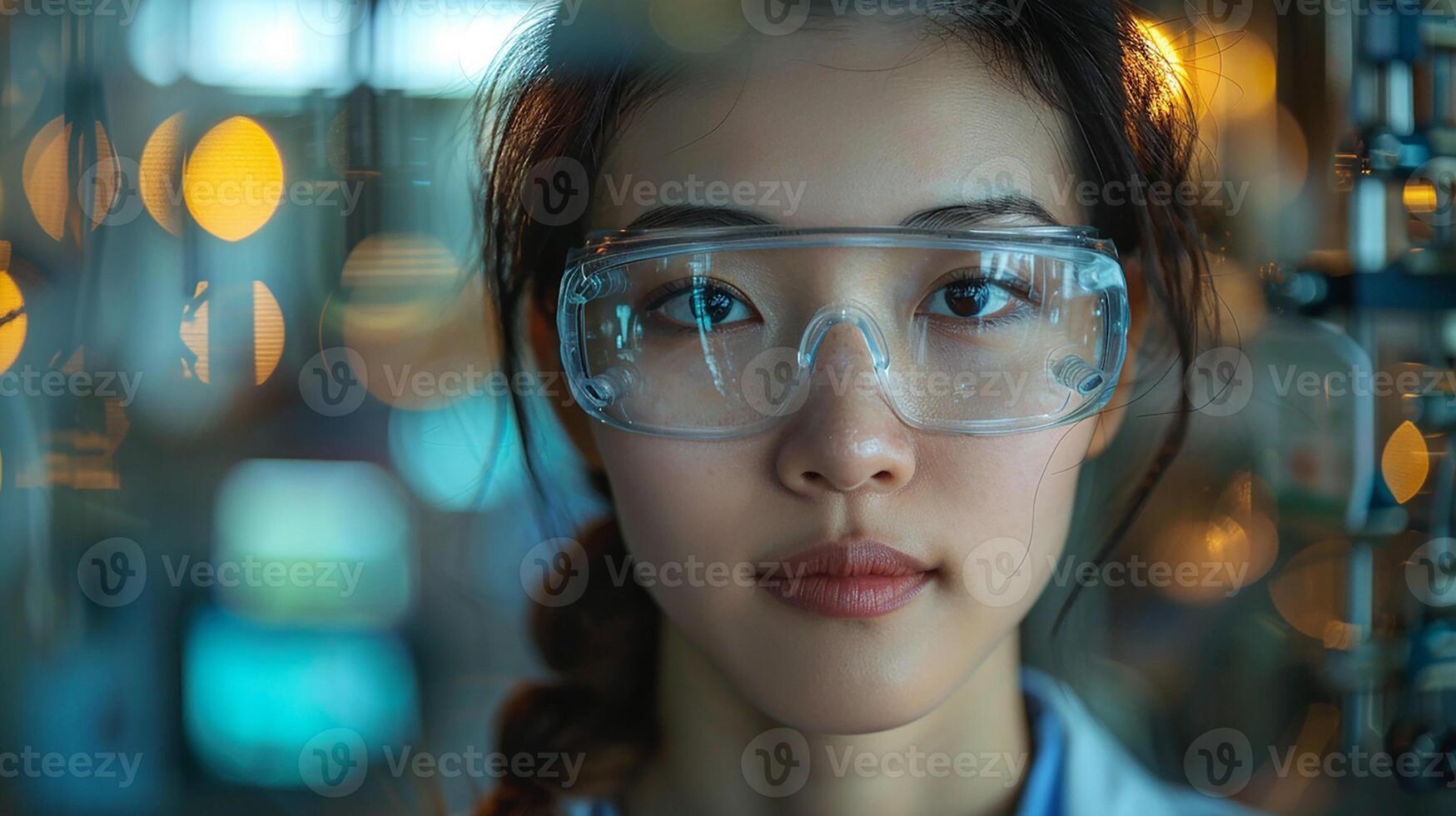 Portrait of an Asian engineer woman, wearing goggles, overseeing screen process control in factory, photo