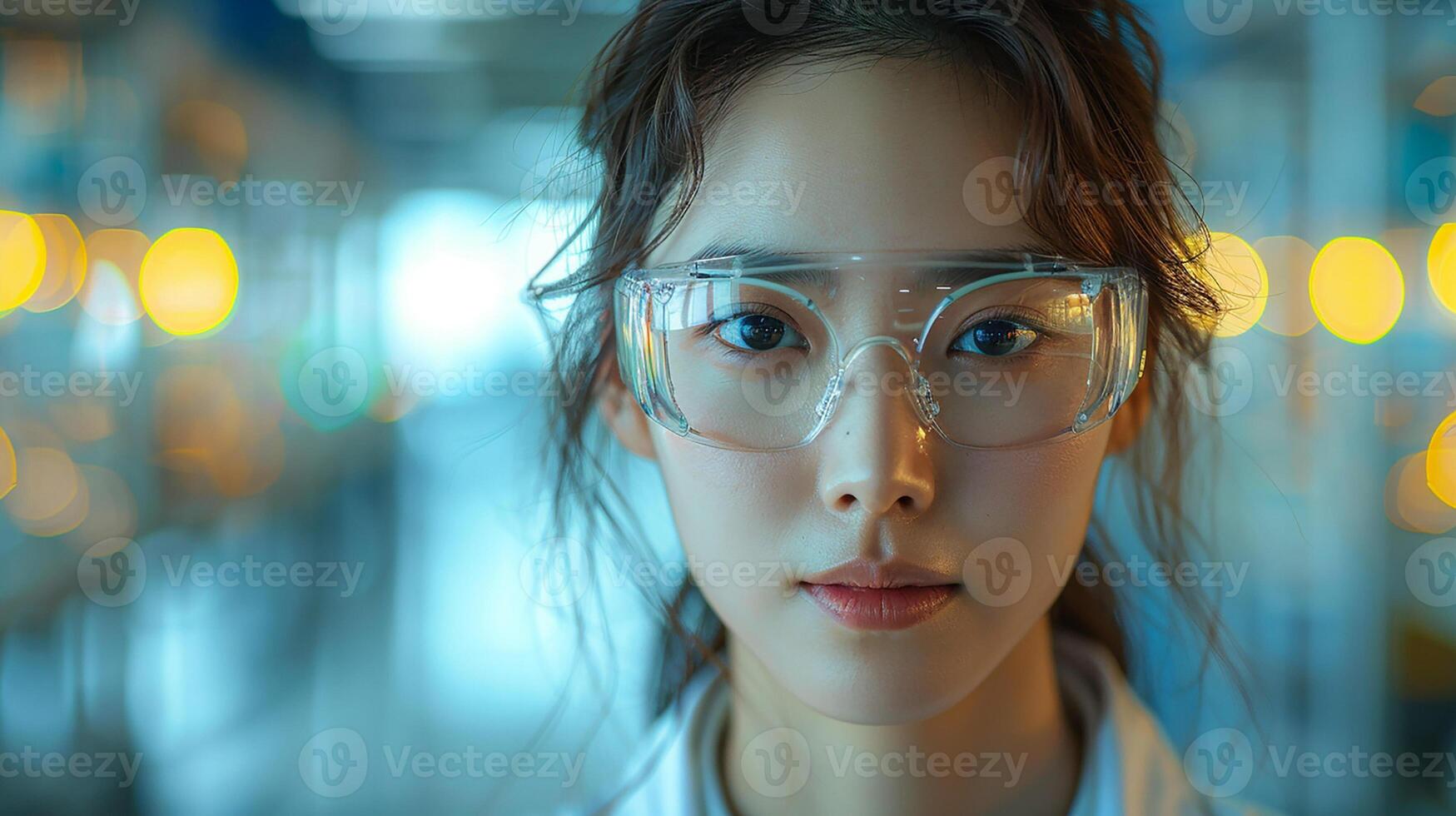 Portrait of an Asian engineer woman, wearing goggles, overseeing screen process control in factory, photo