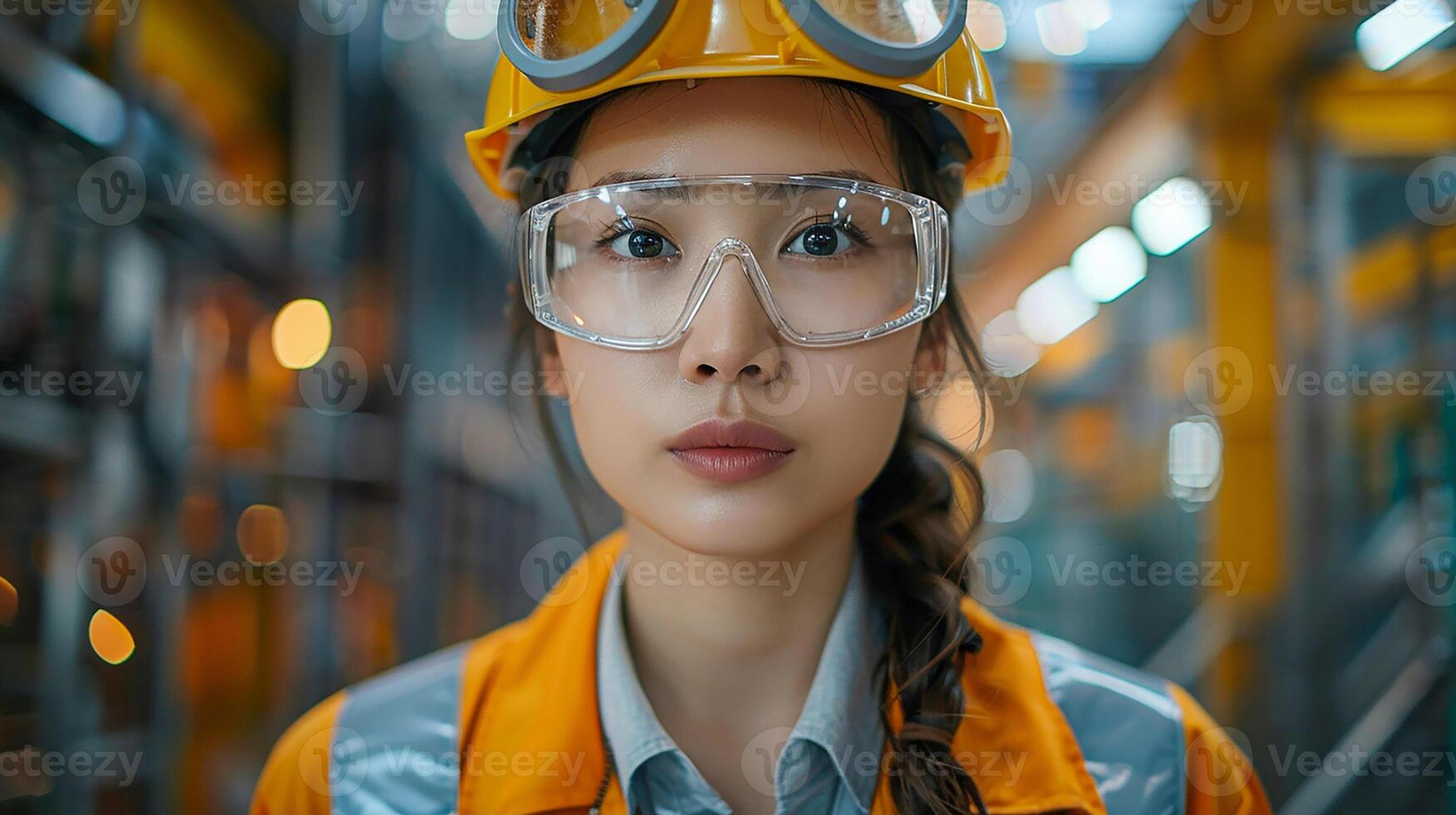 Professional Asian woman engineer, controlling factory screen process, wearing safety gear, photo