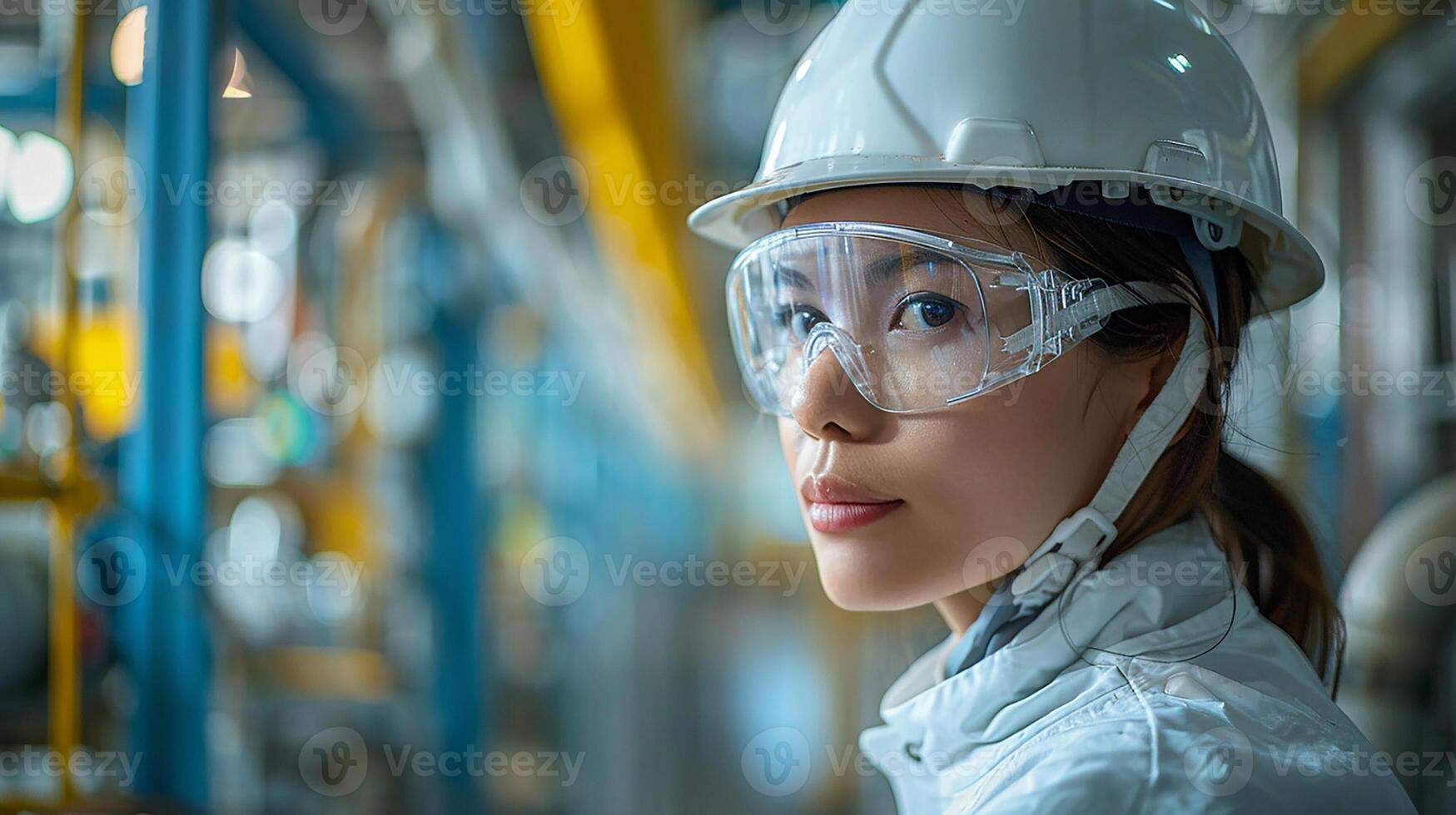 Asian female engineer in protective wear, managing process via screen in factory, photo