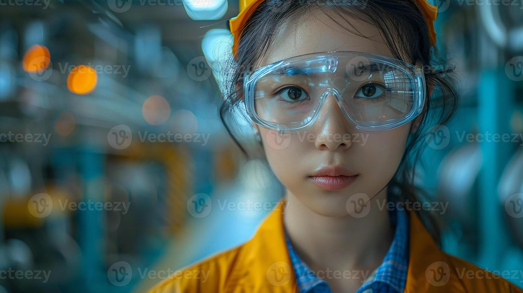 Female Asian engineer, safety goggles, ensuring smooth process control in factory, photo