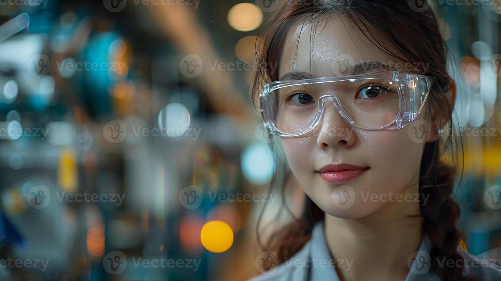 Female Asian engineer, safety goggles, ensuring smooth process control in factory, photo