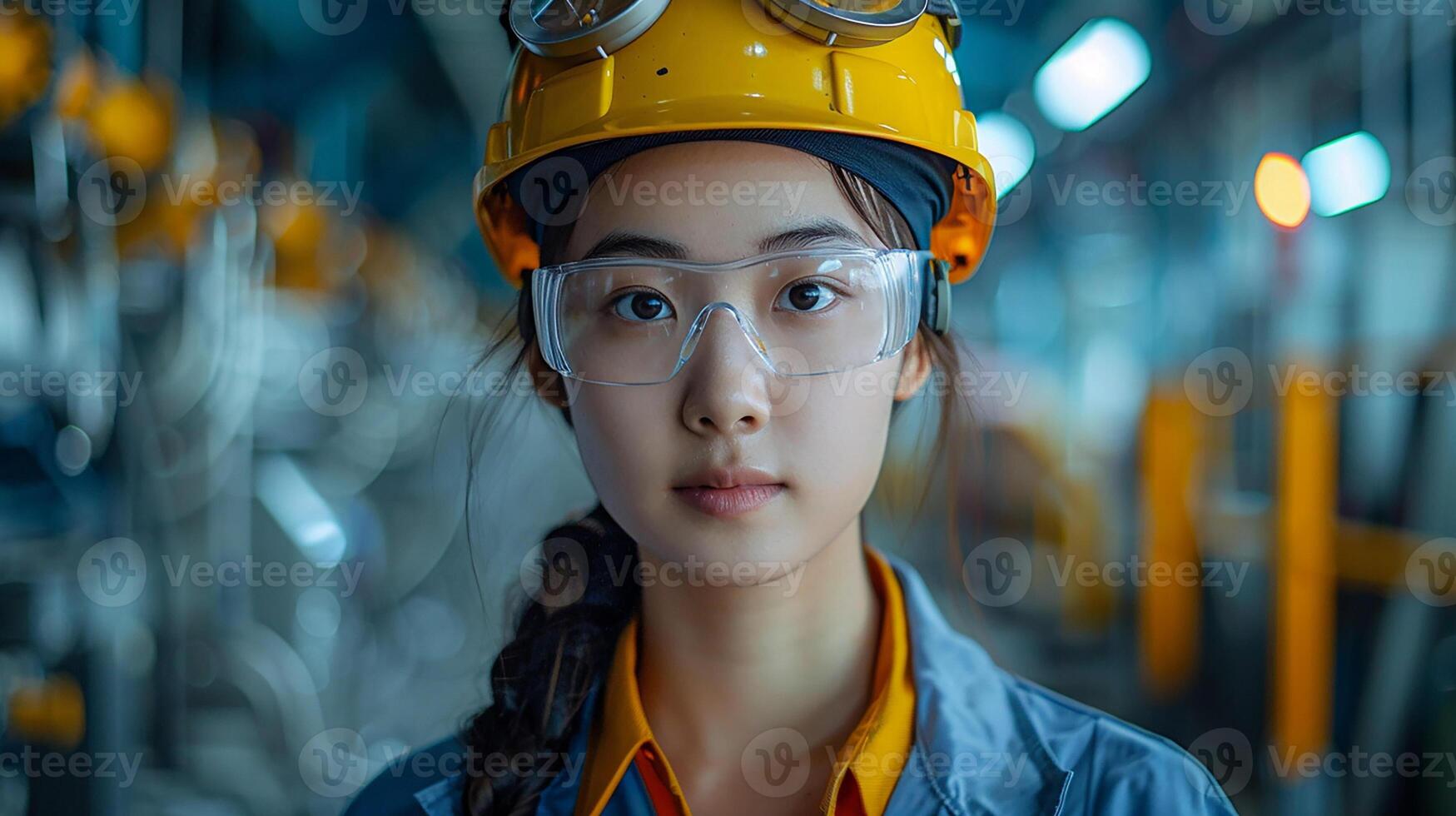 Asian female engineer in uniform, monitoring factory operations on screen, wearing safety gear, photo