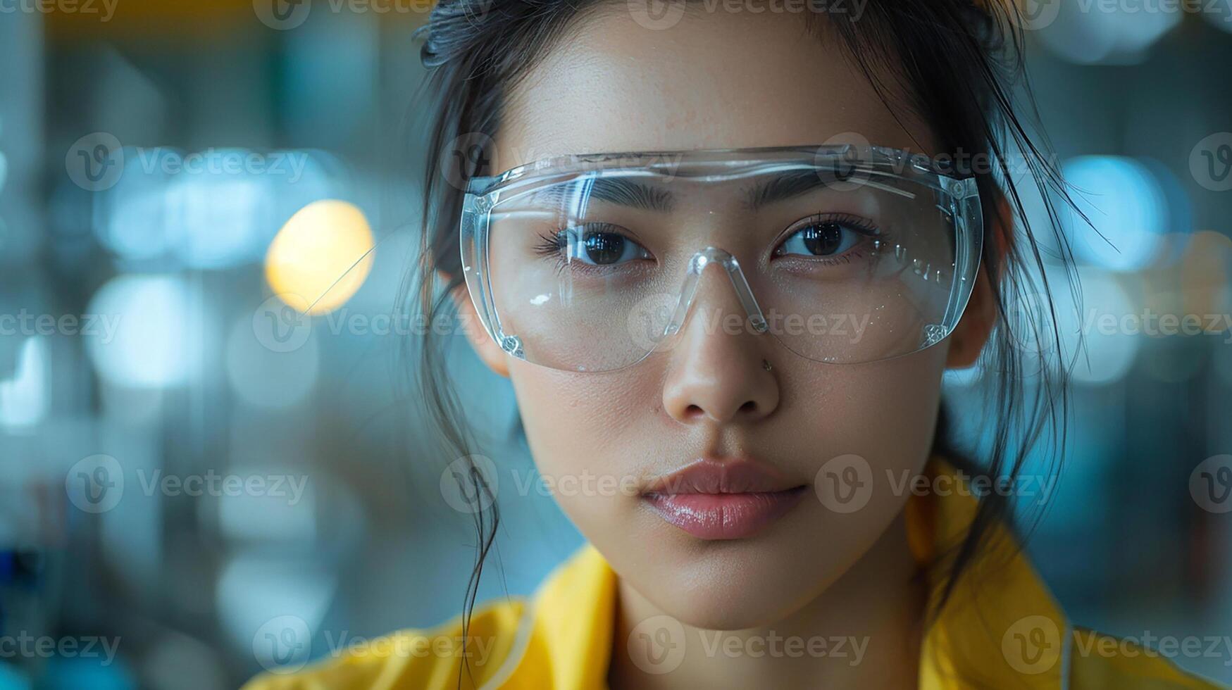 Professional Asian woman in engineering safety gear, overseeing screen process in factory, photo