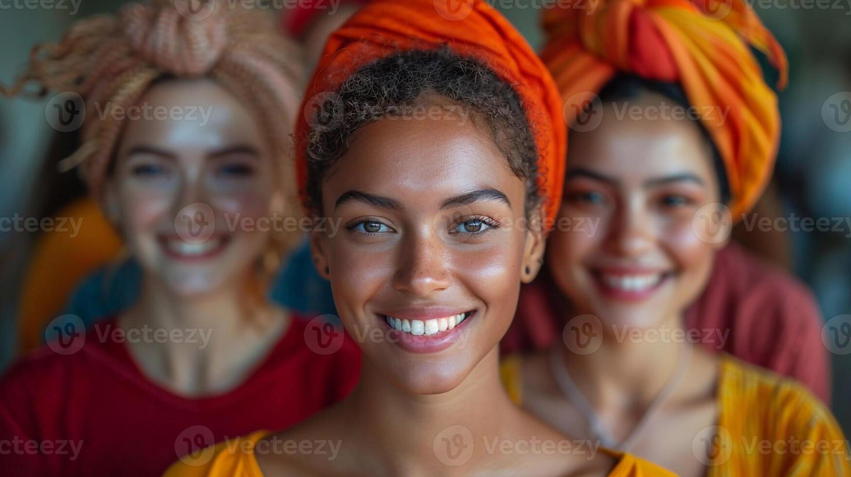 Happy diverse group of people smiling together on bright background World Smile Day photo