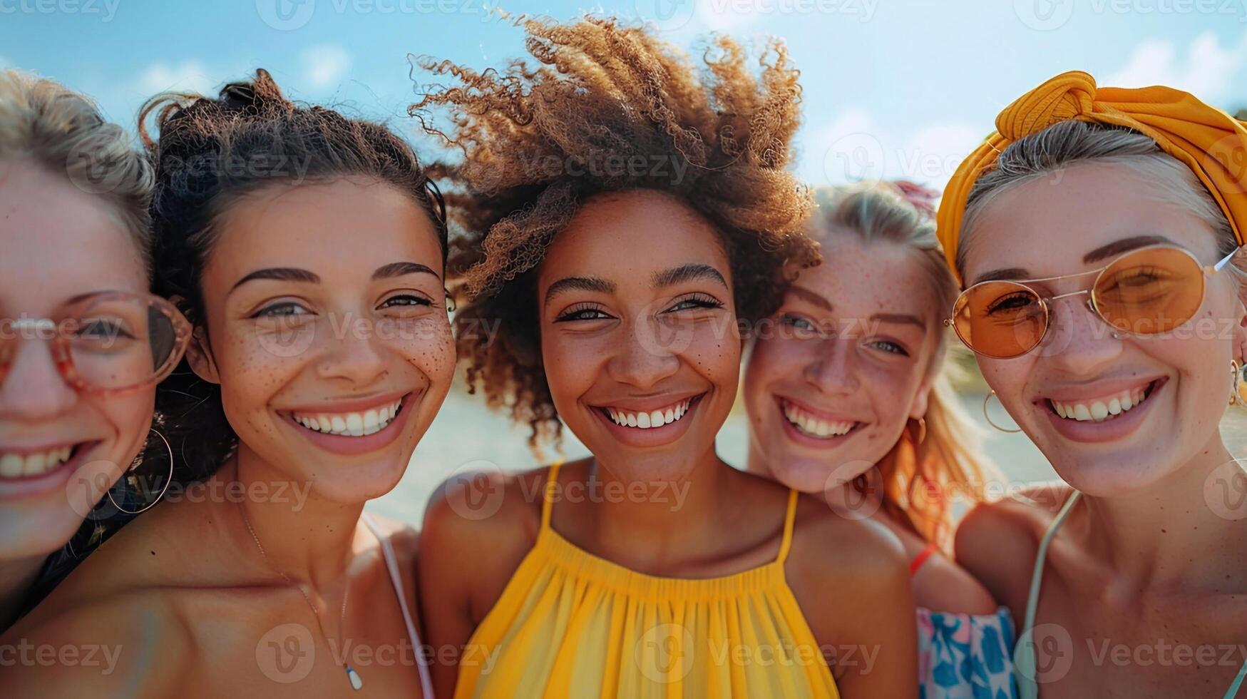 Group of smiling people having fun on simple bright background World Smile Day photo
