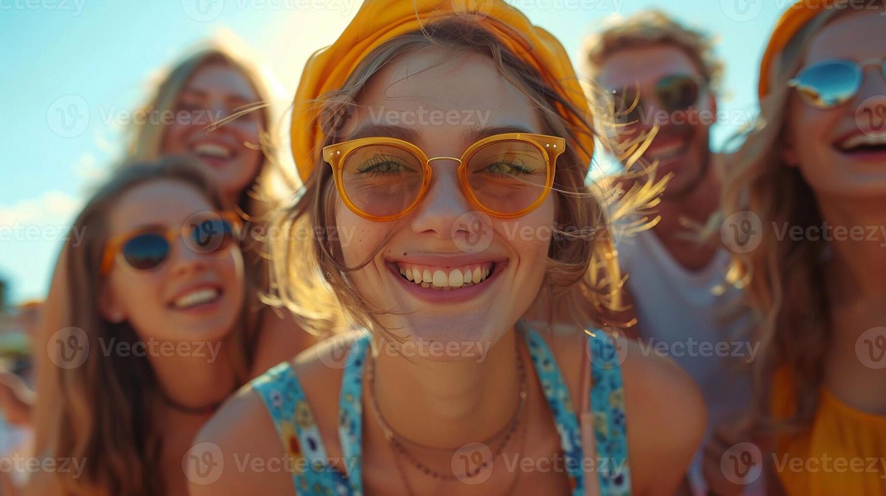 Group of smiling people having fun on simple bright background World Smile Day photo