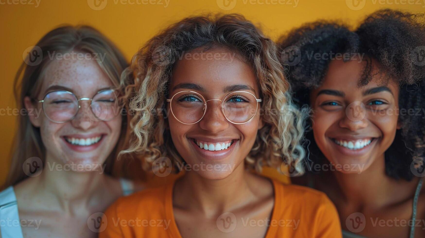 Joyful people laughing and smiling on simple bright background World Smile Day photo