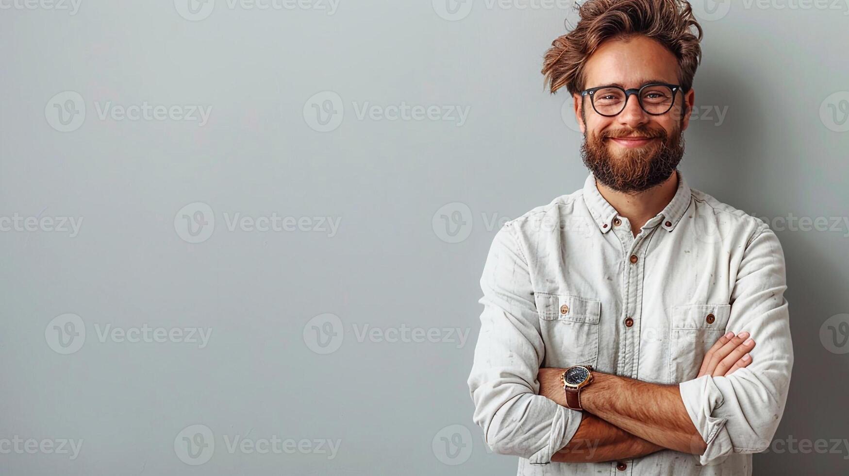 Cheerful teacher standing on white background World Teachers Day photo
