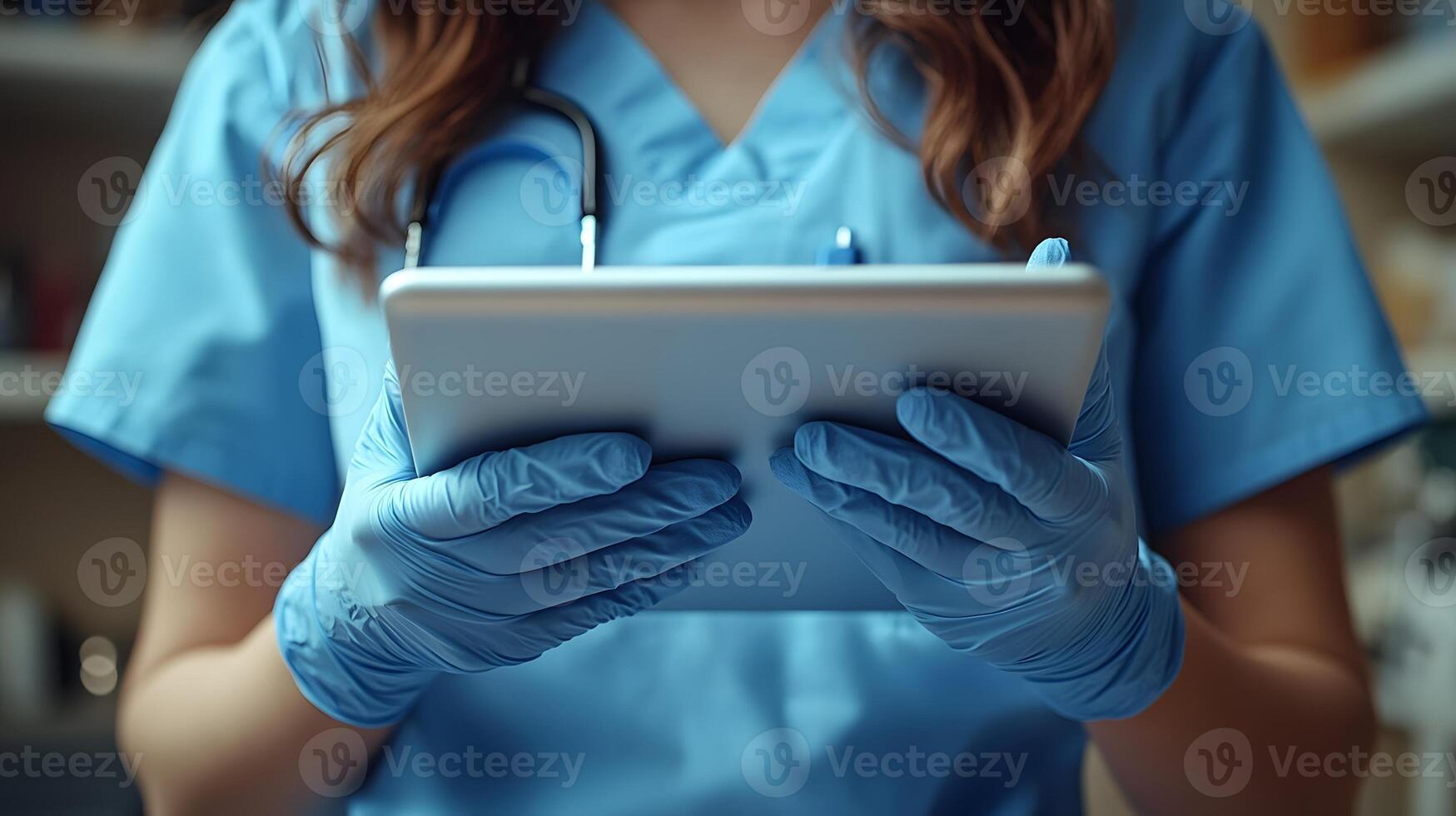 Close-up of nurse using tablet to log virus infection, gloves in focus, photo