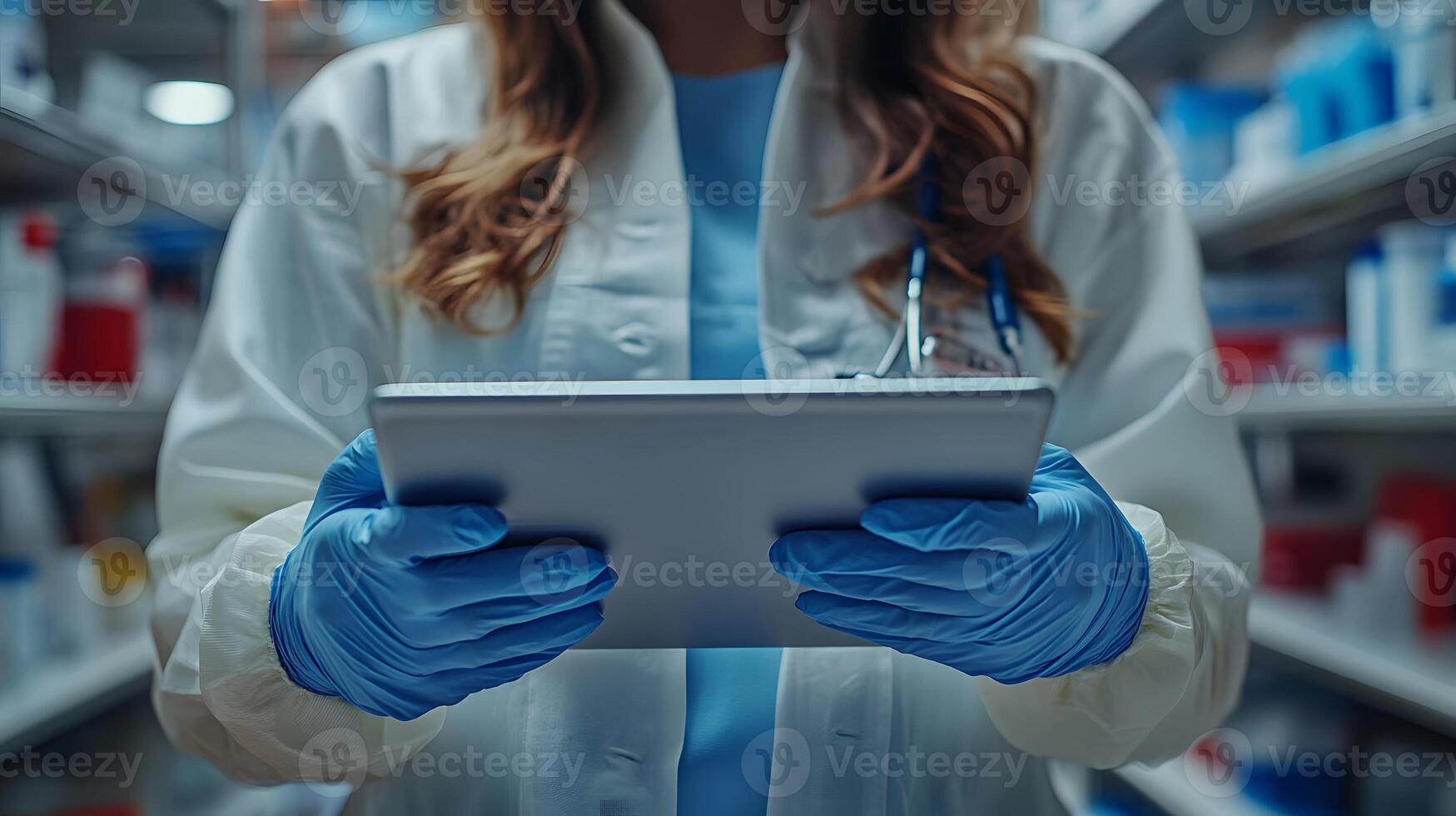 Cropped view of nurse using tablet to log virus case, gloves visible, photo