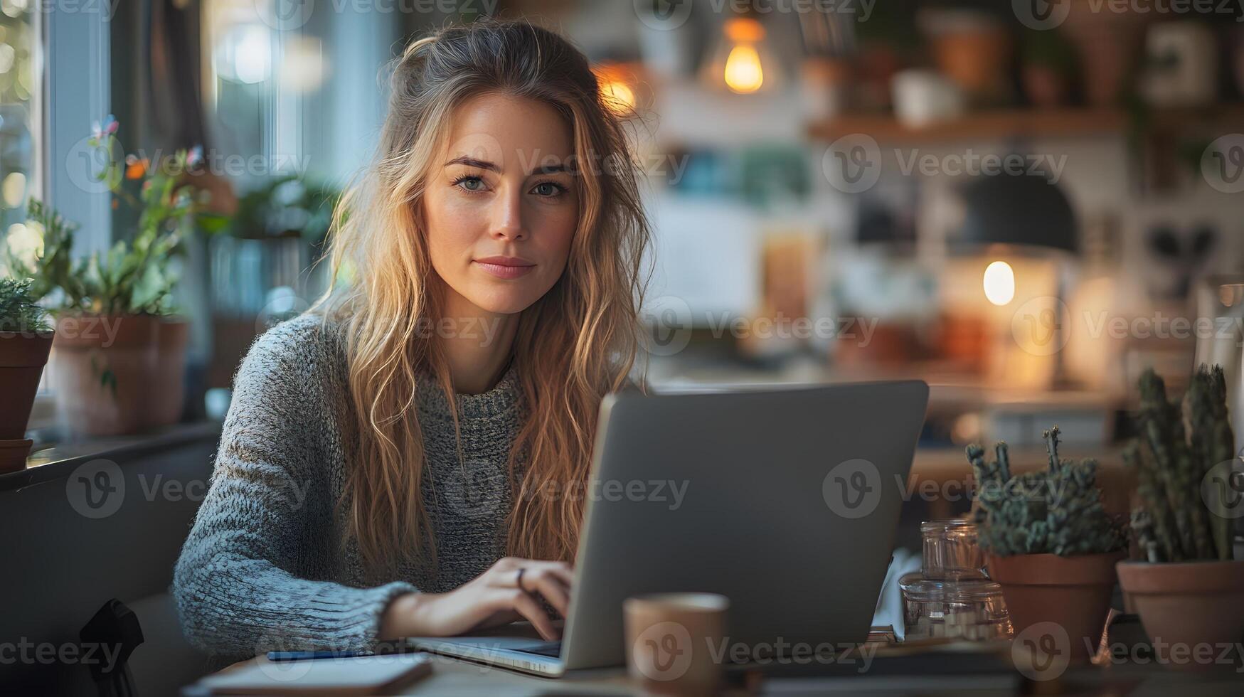 Woman working from home, focused on her laptop, with hands on the keyboard in a well-organized workspace. photo