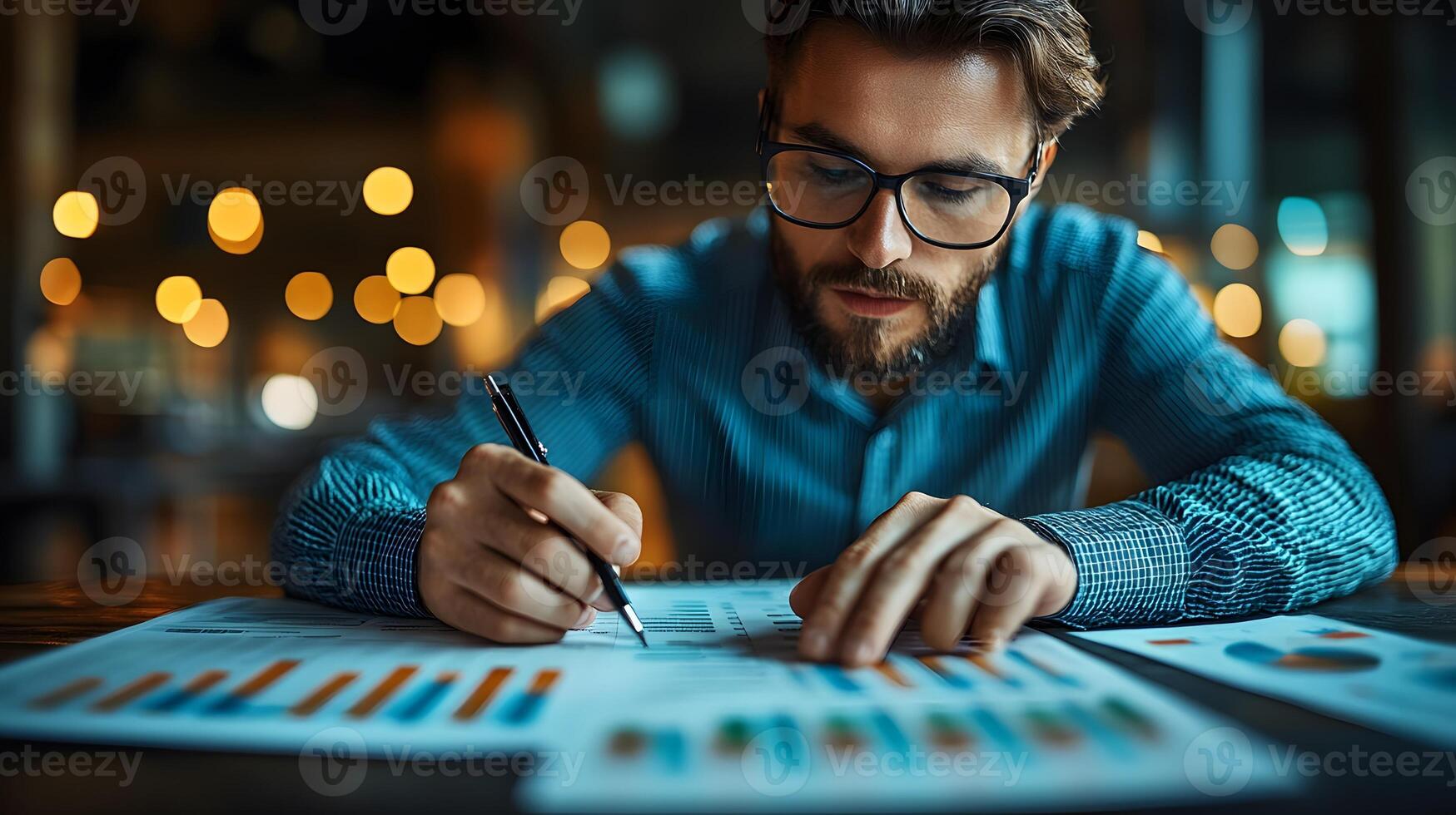 Business professional analyzing a financial report with a growth chart and business graph on a desktop, linked to a digital marketing strategy. photo